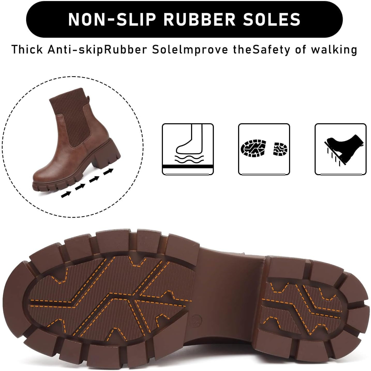 image:imageziitop Women Platform Chelsea Boots Fashion Elastic Ankle Booties Lug Sole Chunky Block Heel Leather Fall Boots LadiesDarkbrown