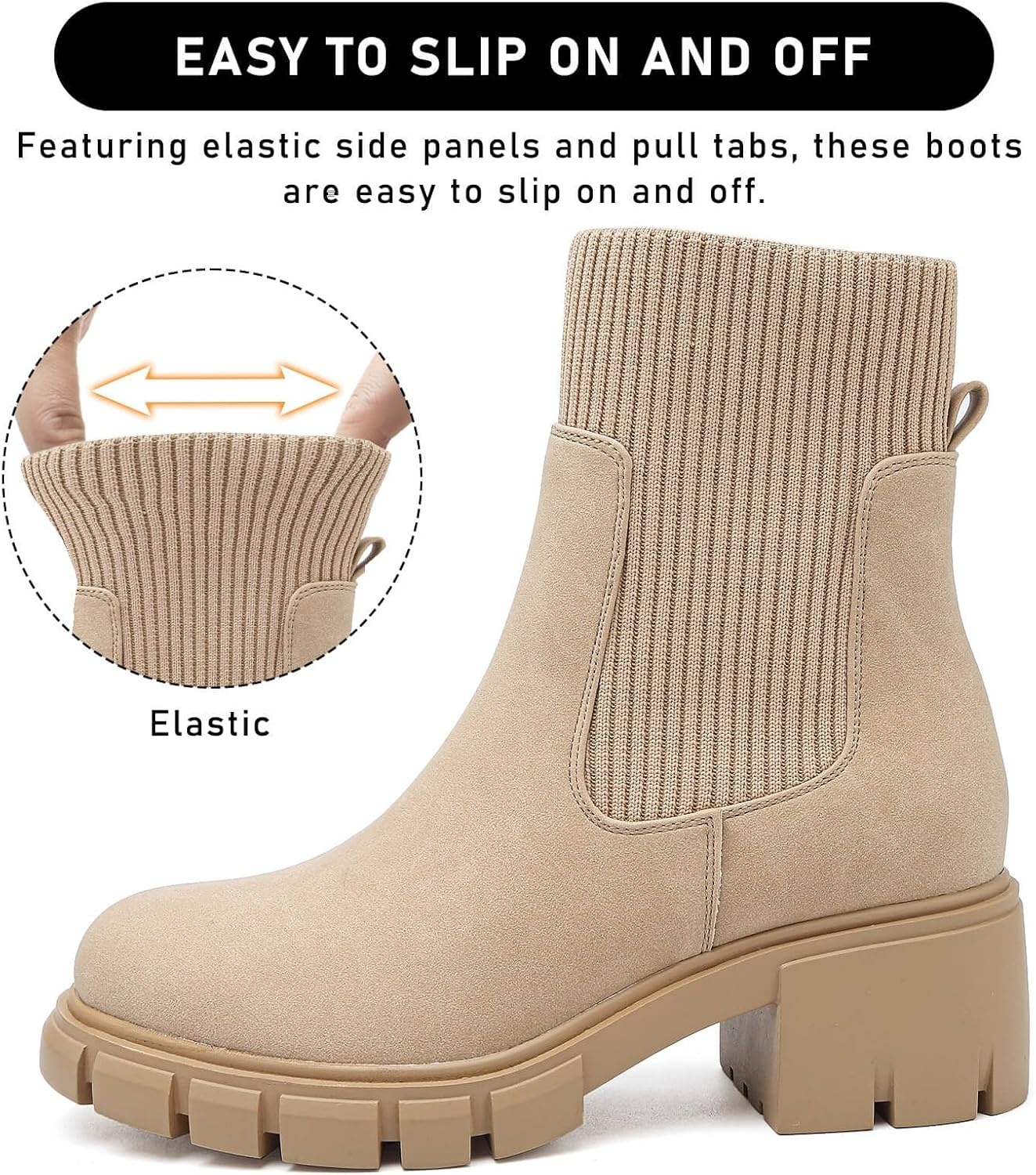 image:imageziitop Women Platform Chelsea Boots Fashion Elastic Ankle Booties Lug Sole Chunky Block Heel Leather Fall Boots LadiesNudesuede