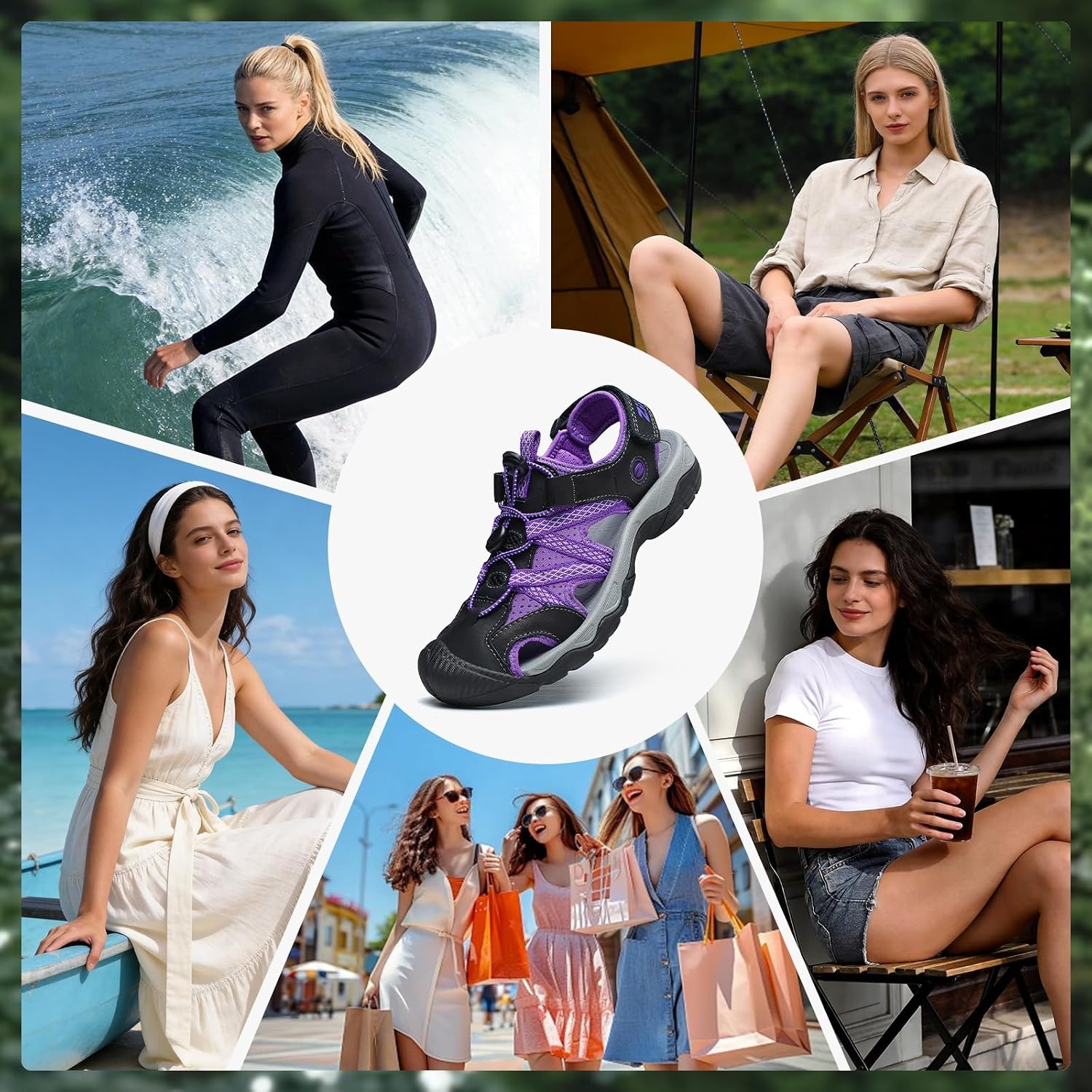 image:imageziitop Womens Hiking Sandals Closed Toe Summer Outdoor Walking Sandal Adventurous Beach Lace Adjustable Double Buckle Water ShoesPurple