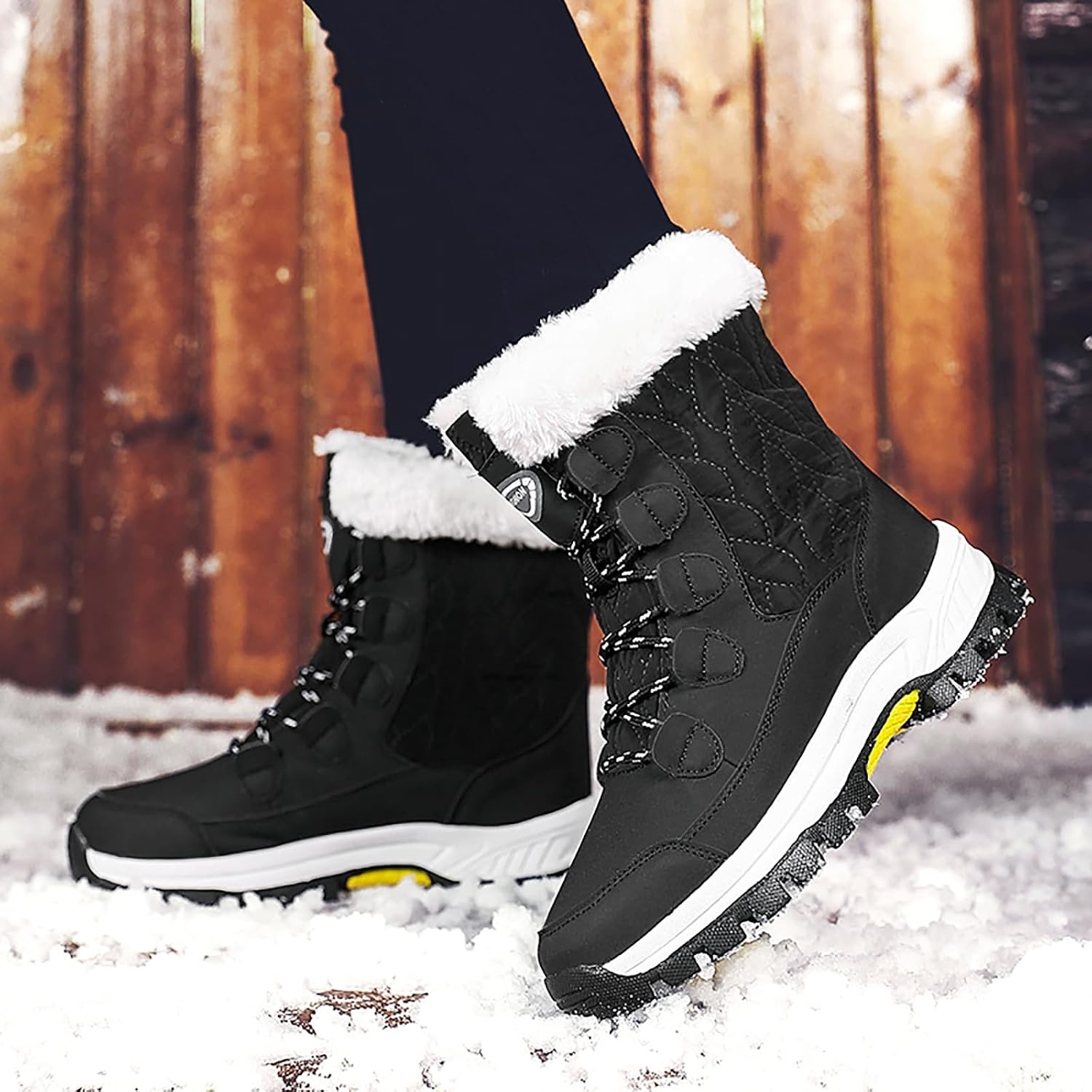 image:imageziitop Womens Snow Boots Waterproof Warm Fur Lined Mid Calf Winter Boots Lace Up ColdResistant Outdoor Walking Shoes for Women Ladies BootiesBlack