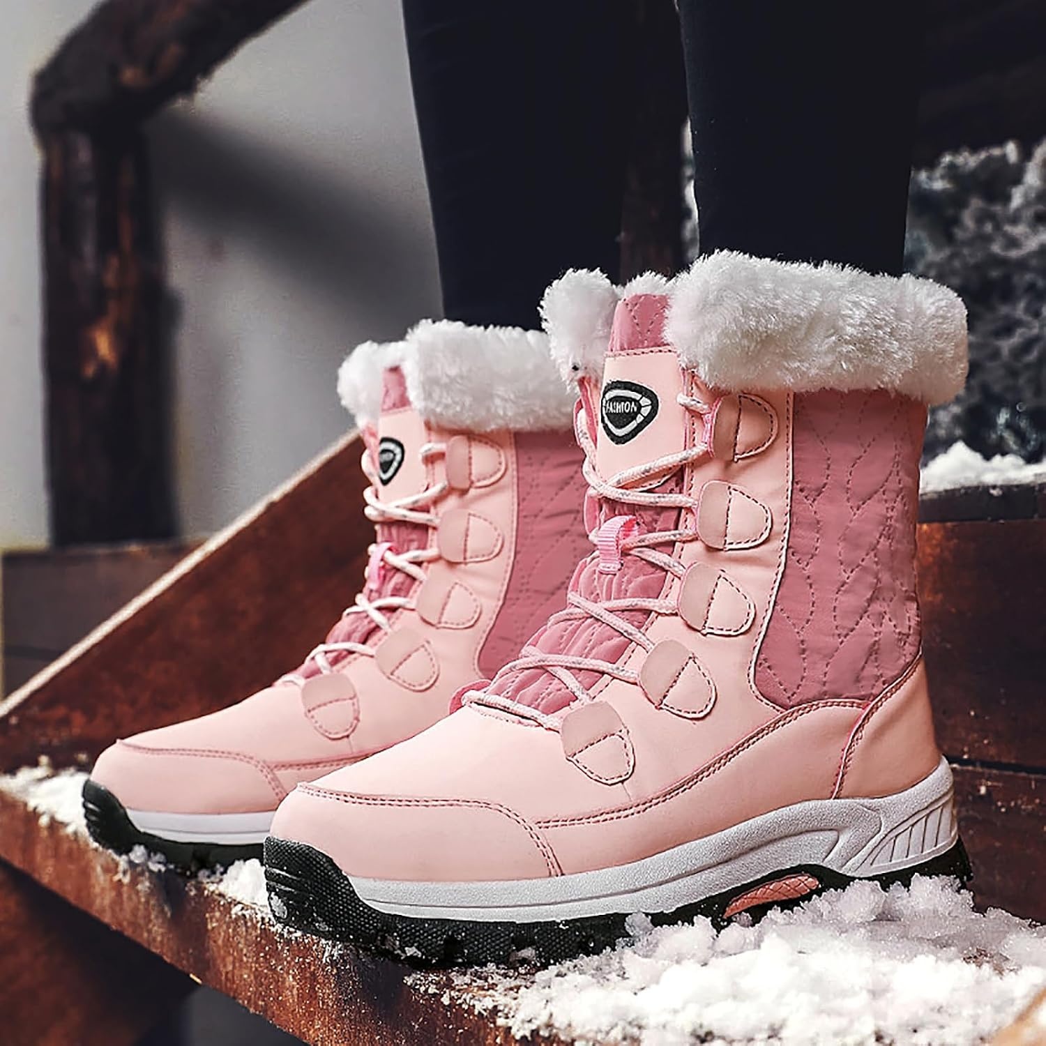 image:imageziitop Womens Snow Boots Waterproof Warm Fur Lined Mid Calf Winter Boots Lace Up ColdResistant Outdoor Walking Shoes for Women Ladies BootiesPink