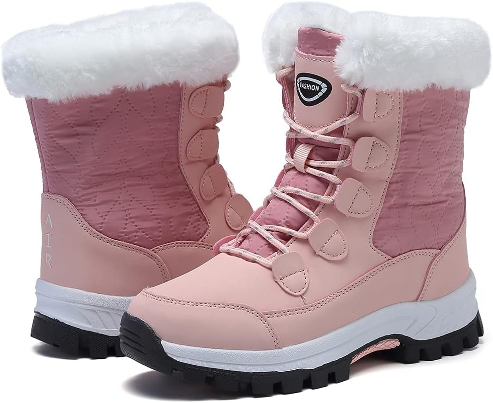 image:imageziitop Womens Snow Boots Waterproof Warm Fur Lined Mid Calf Winter Boots Lace Up ColdResistant Outdoor Walking Shoes for Women Ladies BootiesPink