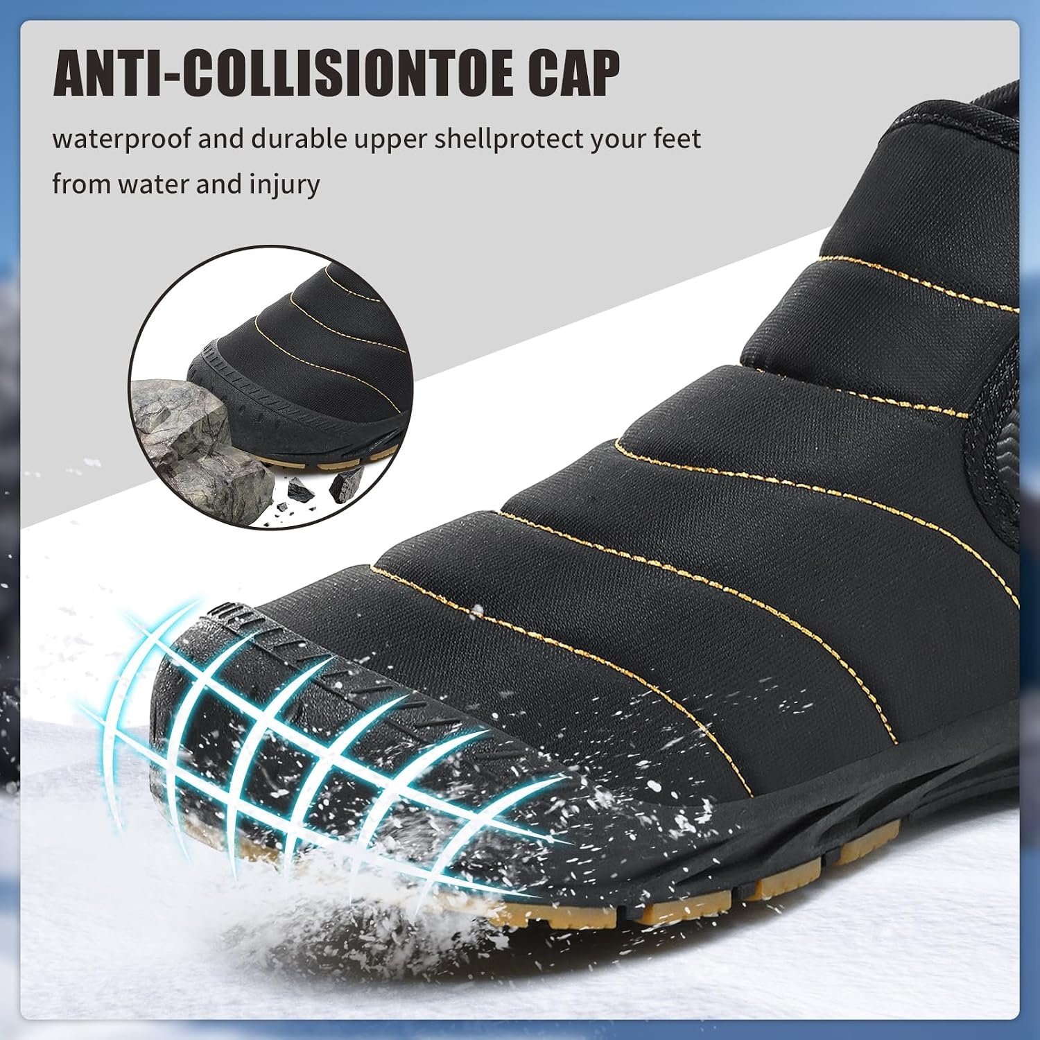 image:imageMens Snow Boots Winter Velcro Water Resistant Fur Lined Slip On Ankle BootBlackyellow