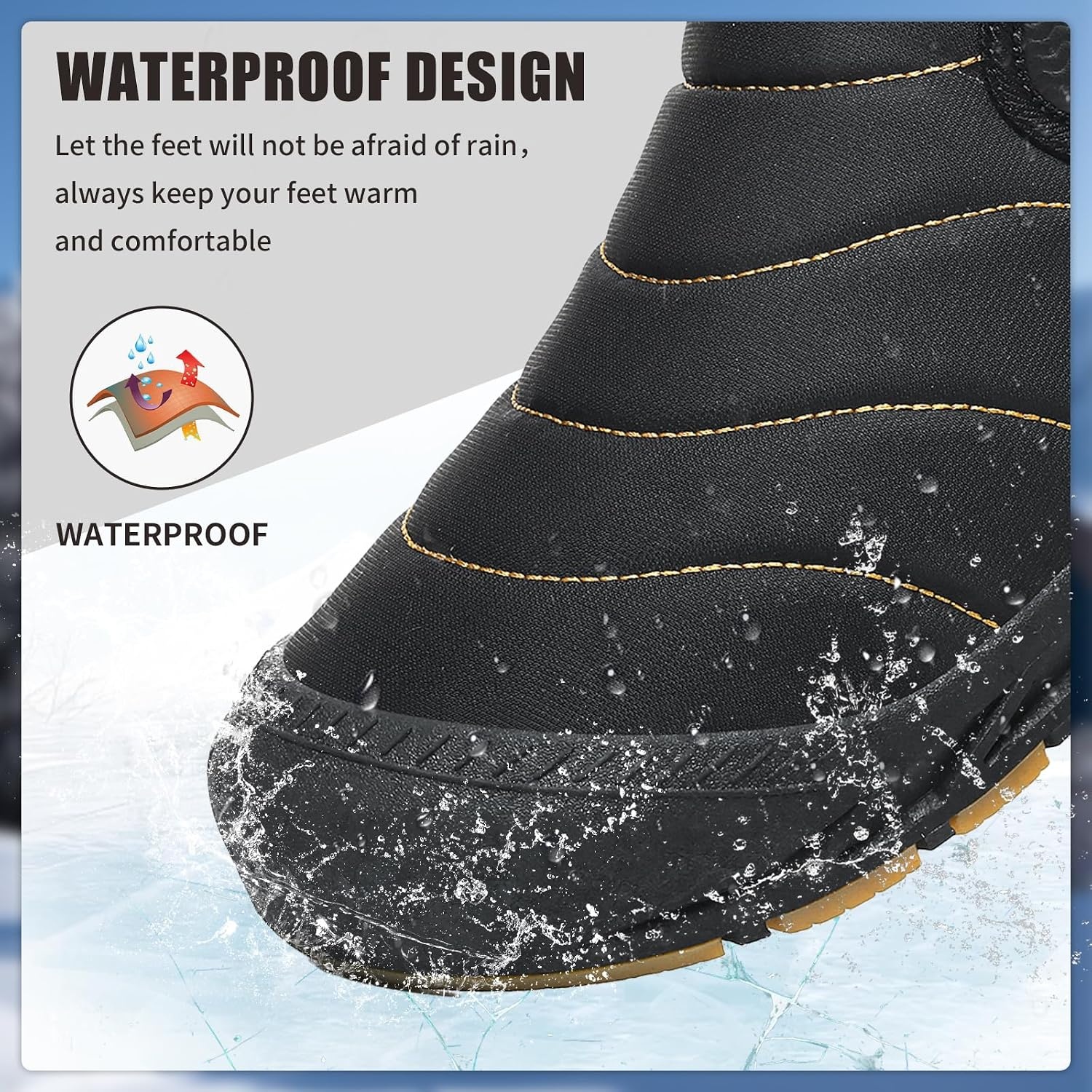 image:imageMens Snow Boots Winter Velcro Water Resistant Fur Lined Slip On Ankle BootBlackyellow