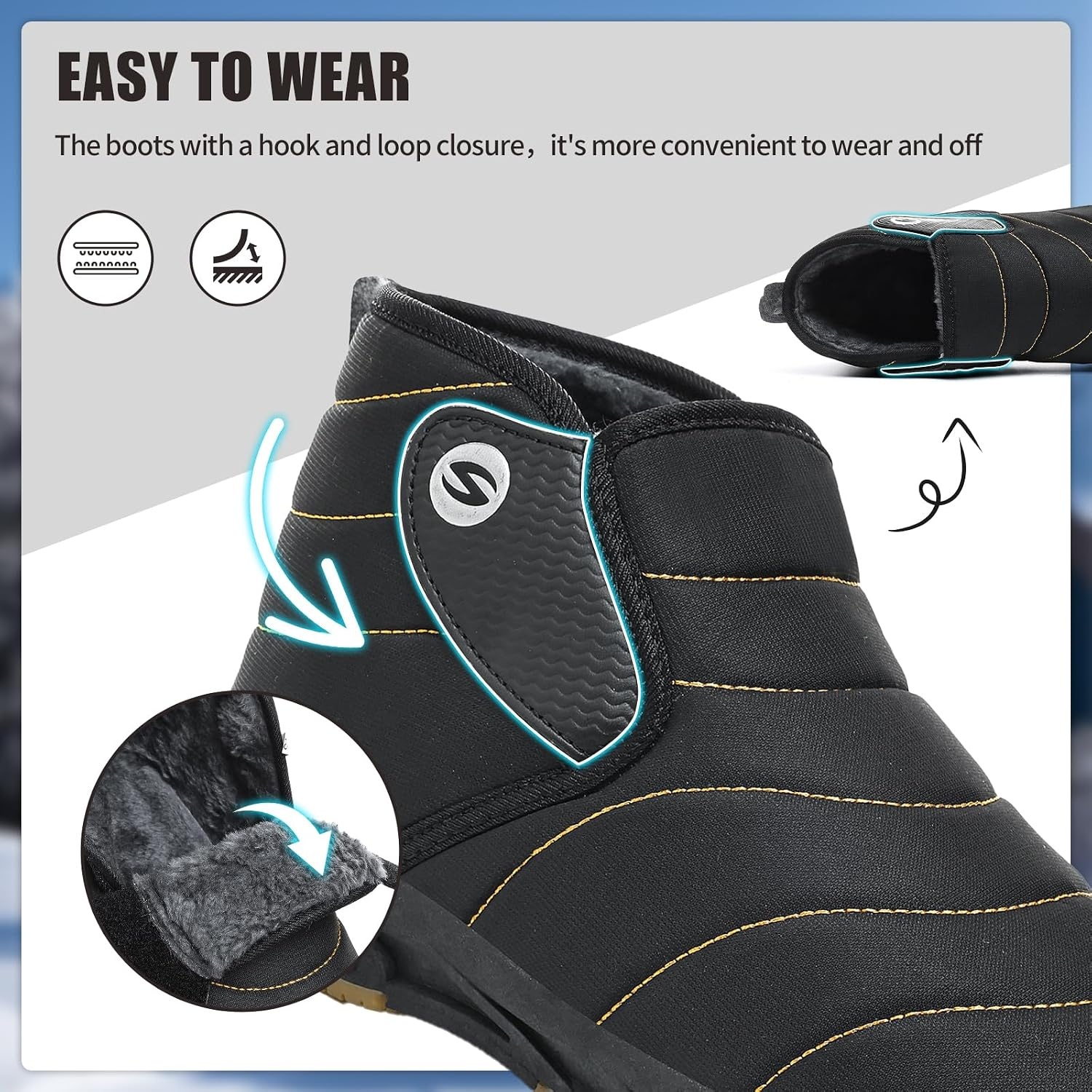 image:imageMens Snow Boots Winter Velcro Water Resistant Fur Lined Slip On Ankle BootBlackyellow