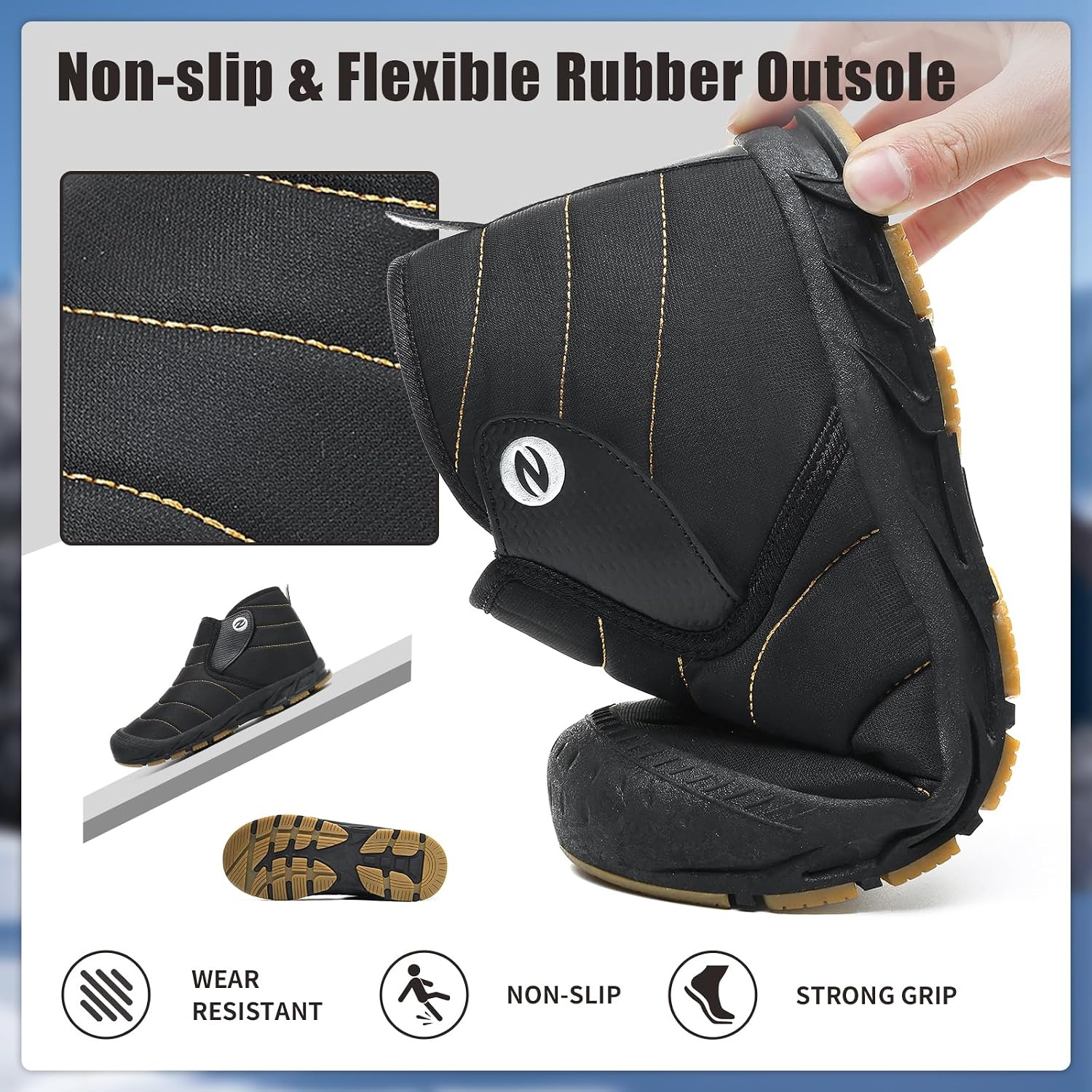 image:imageMens Snow Boots Winter Velcro Water Resistant Fur Lined Slip On Ankle BootBlackyellow