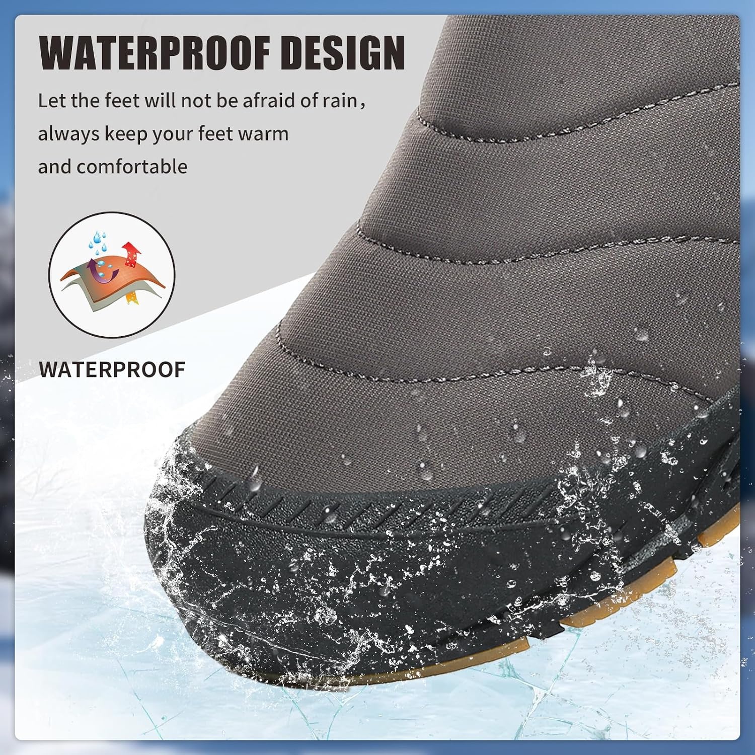 image:imageMens Snow Boots Winter Velcro Water Resistant Fur Lined Slip On Ankle BootDarkbrown
