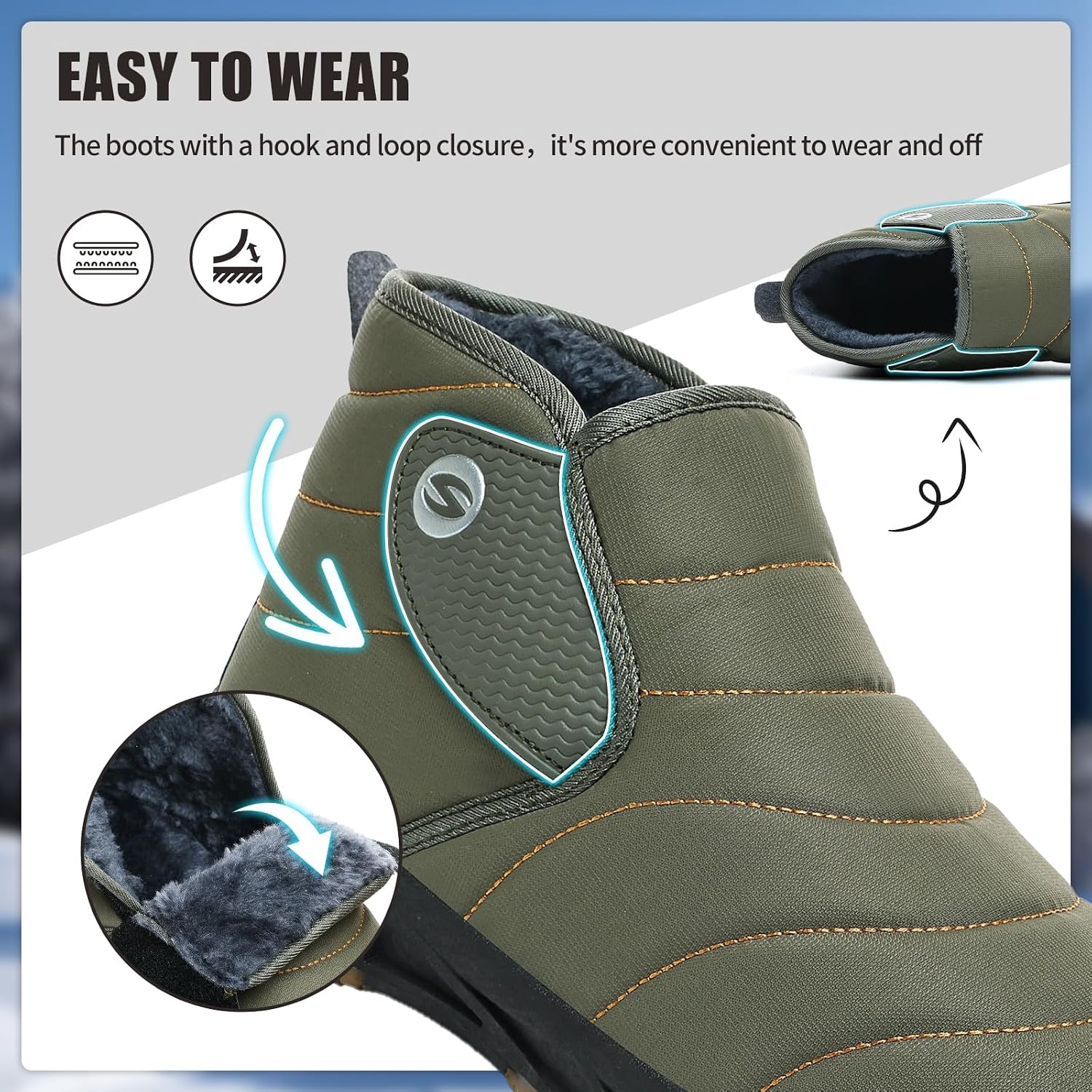 image:imageMens Snow Boots Winter Velcro Water Resistant Fur Lined Slip On Ankle BootGreen