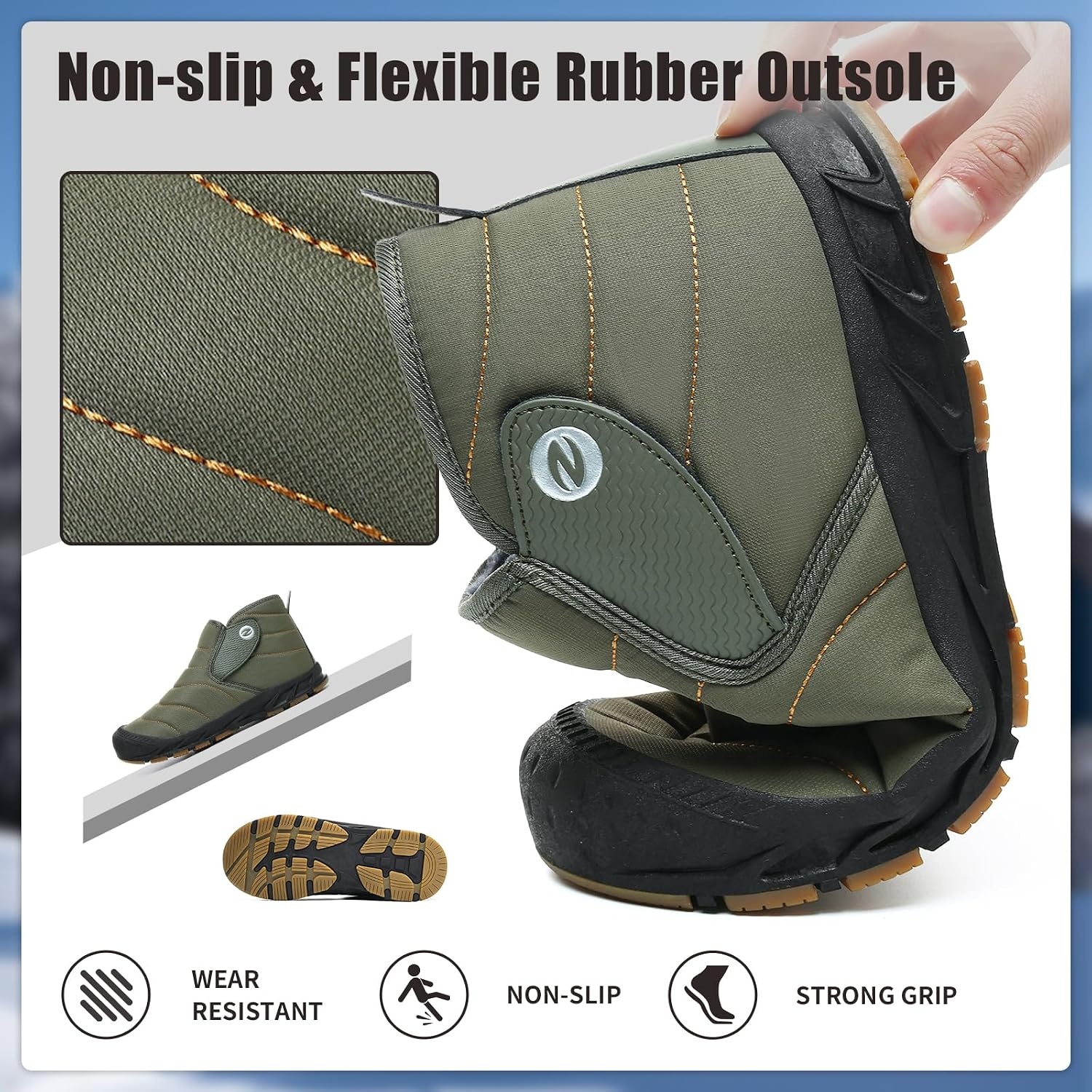 image:imageMens Snow Boots Winter Velcro Water Resistant Fur Lined Slip On Ankle BootGreen