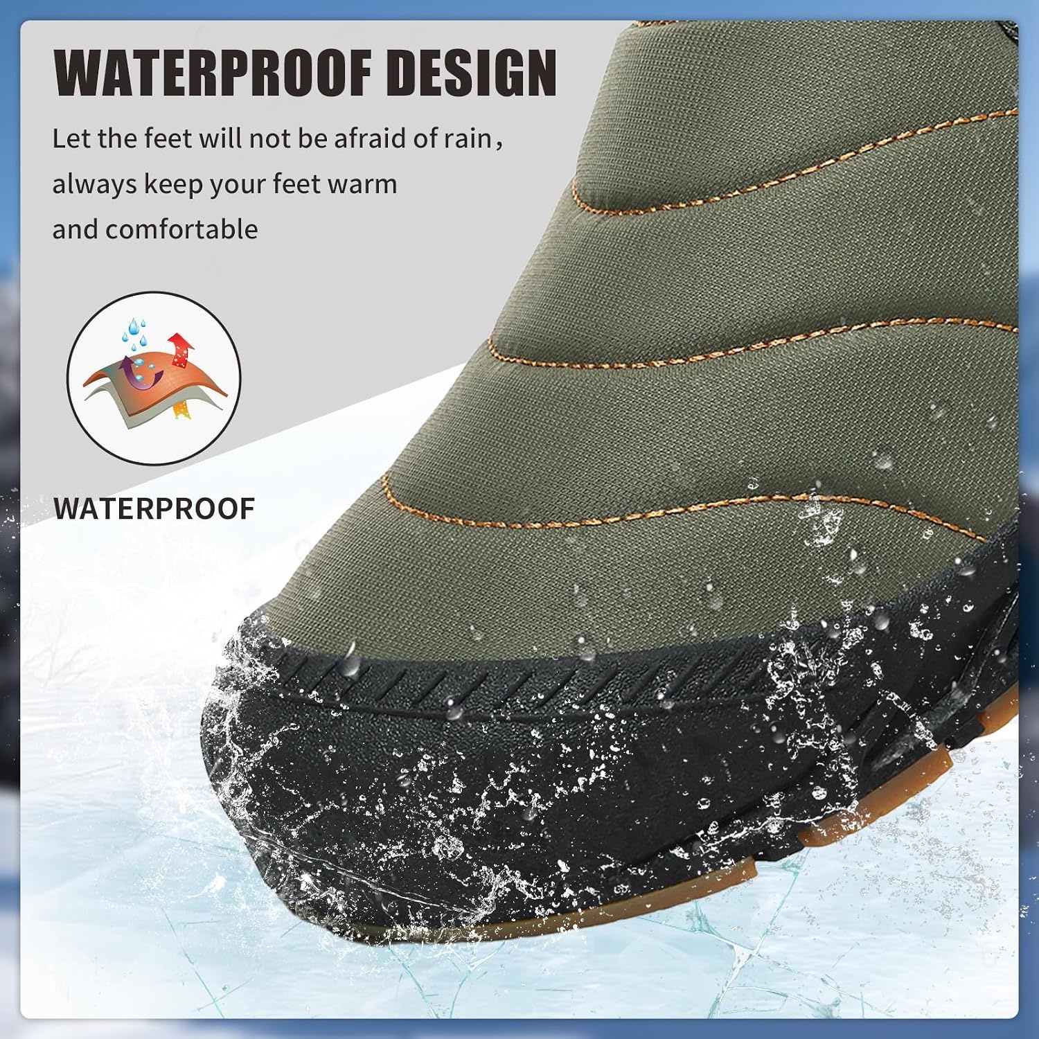 image:imageMens Snow Boots Winter Velcro Water Resistant Fur Lined Slip On Ankle BootGreen