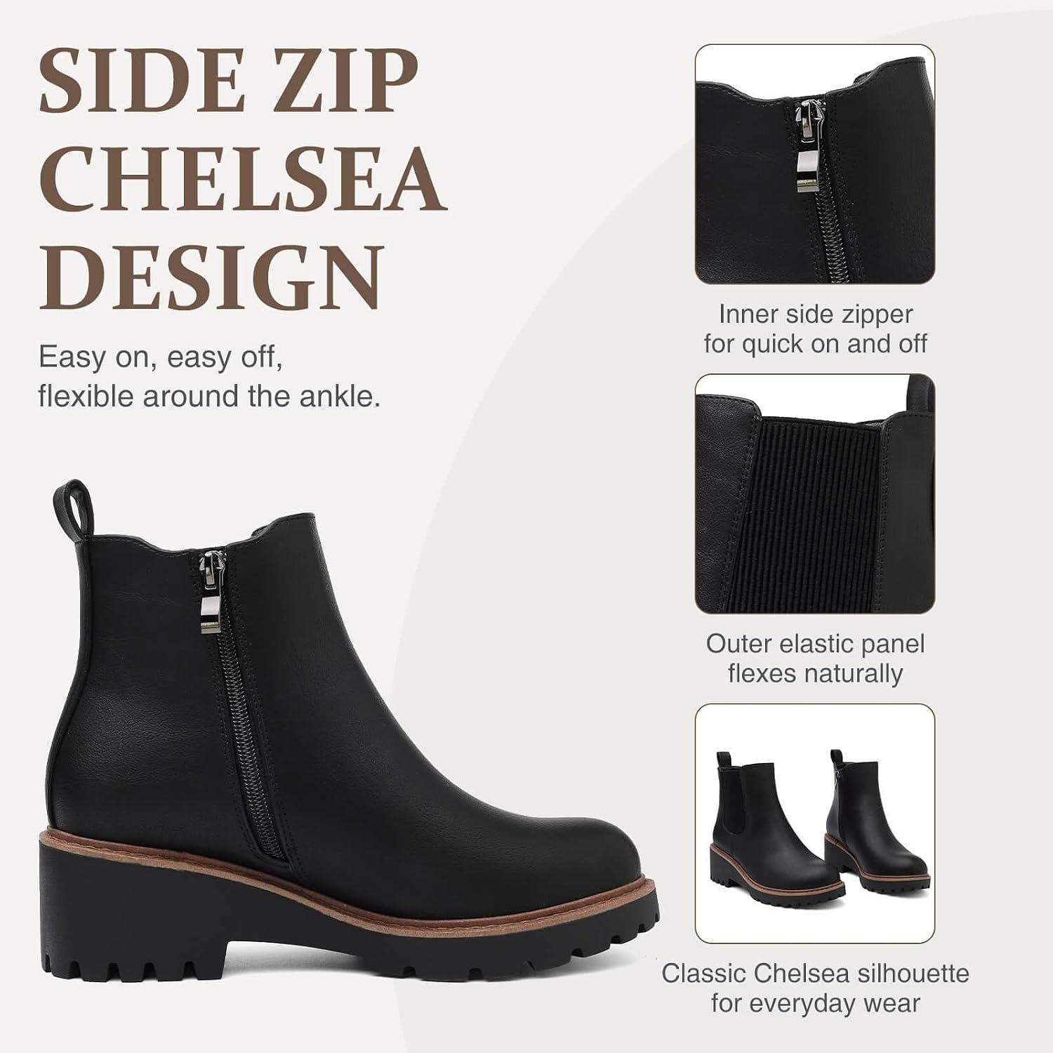 image:imageWomens Chelsea Wedge Boots Side Zip Lug Sole Round Toe Fall Ankle BootsBlack