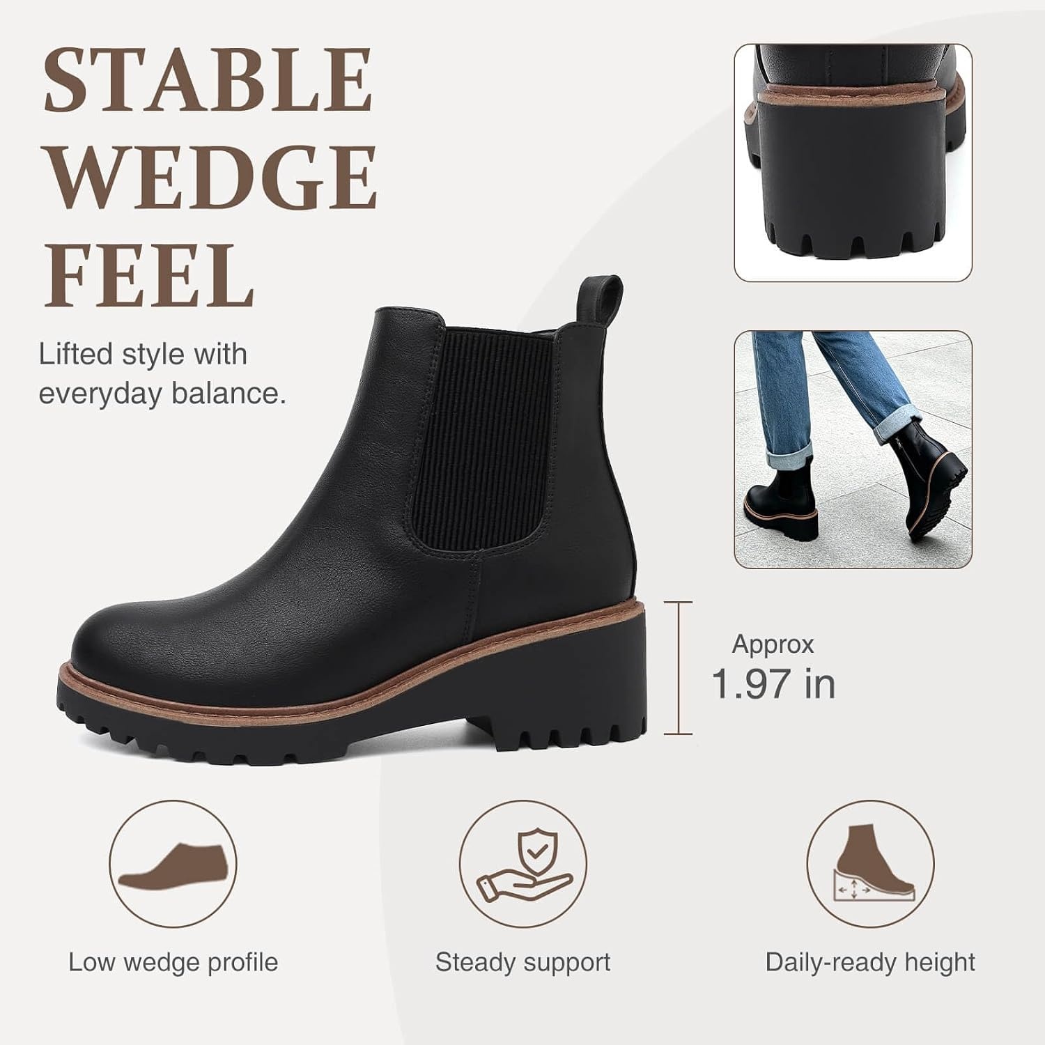 image:imageWomens Chelsea Wedge Boots Side Zip Lug Sole Round Toe Fall Ankle BootsBlack