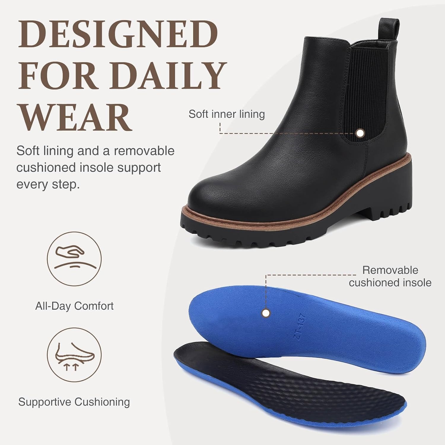 image:imageWomens Chelsea Wedge Boots Side Zip Lug Sole Round Toe Fall Ankle BootsBlack