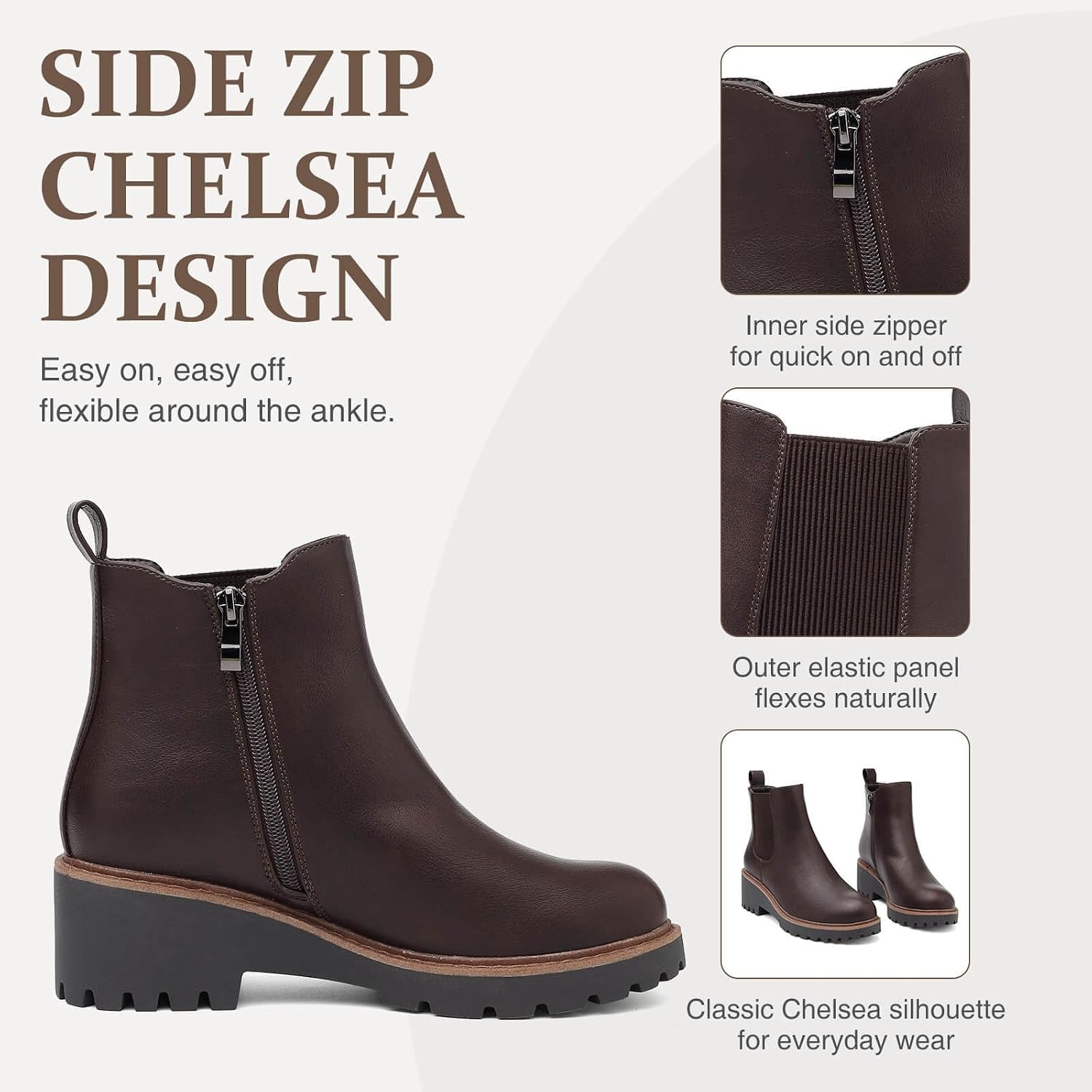 image:imageWomens Chelsea Wedge Boots Side Zip Lug Sole Round Toe Fall Ankle BootsBrown
