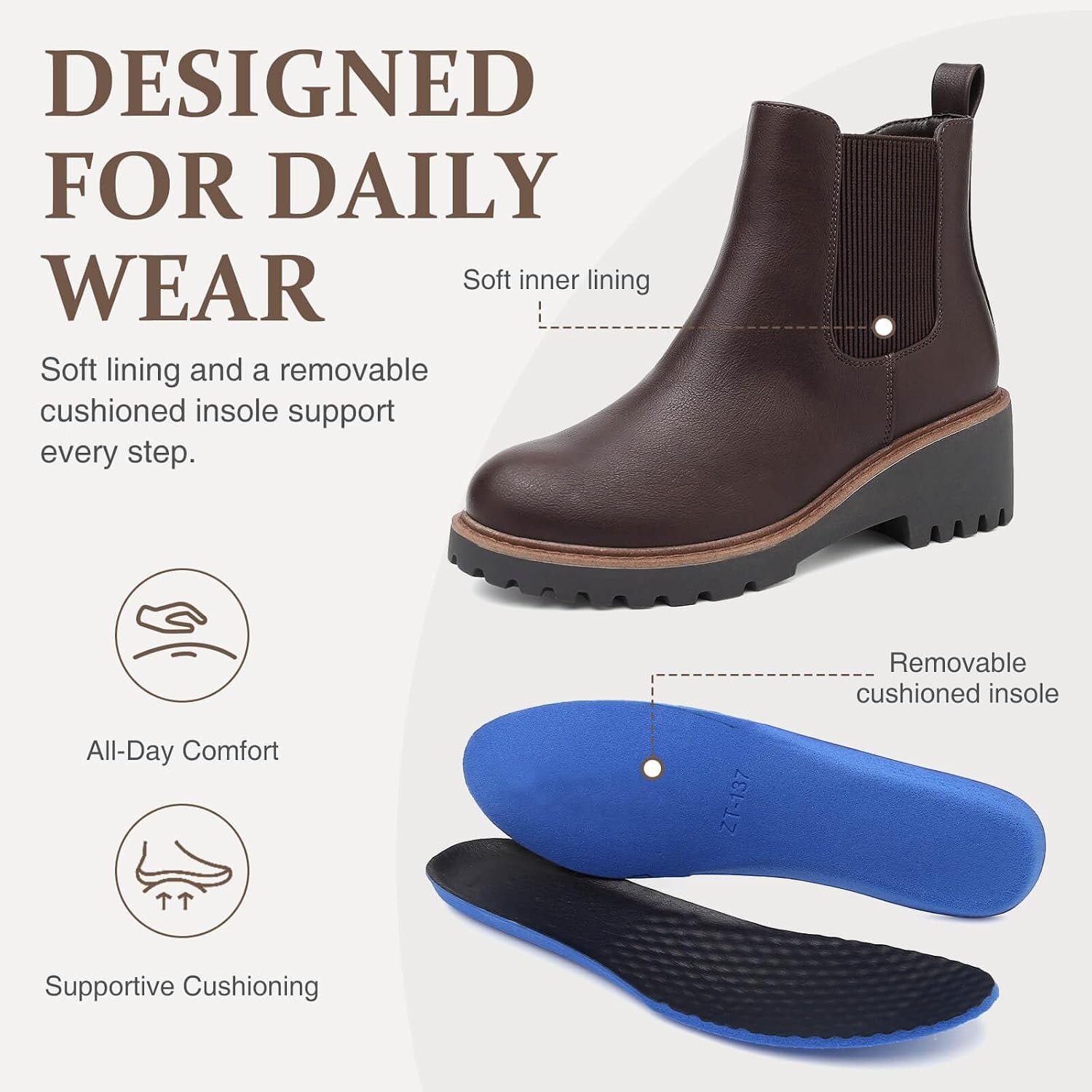 image:imageWomens Chelsea Wedge Boots Side Zip Lug Sole Round Toe Fall Ankle BootsBrown