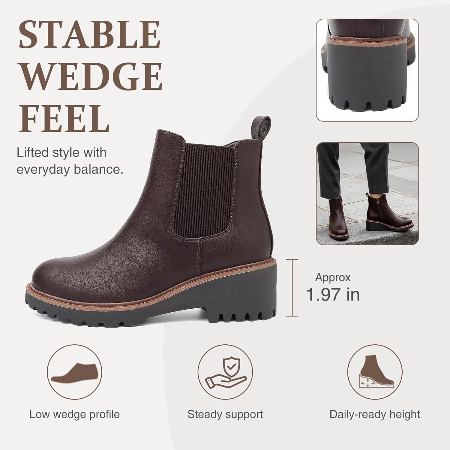 image:imageWomens Chelsea Wedge Boots Side Zip Lug Sole Round Toe Fall Ankle BootsBrown