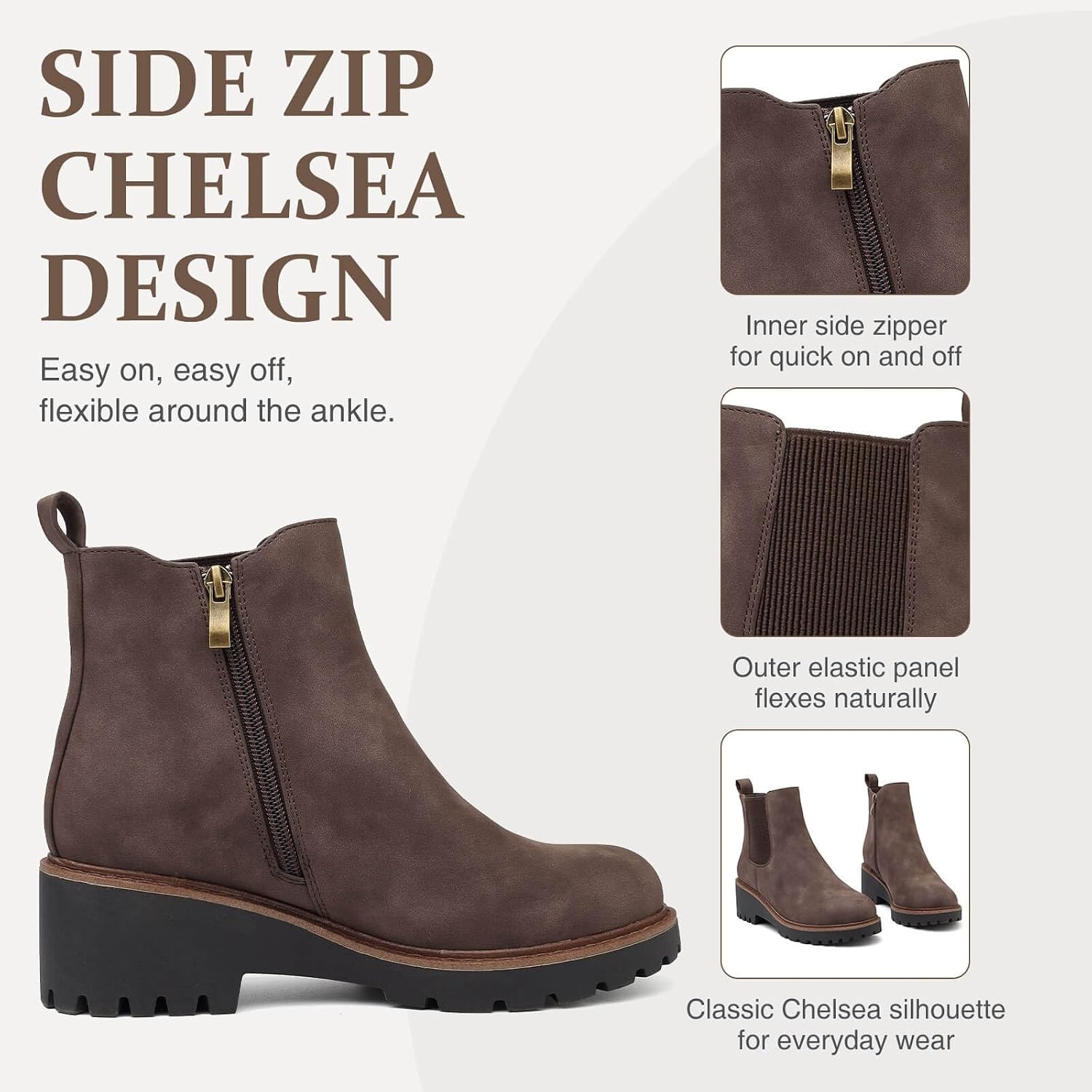 image:imageWomens Chelsea Wedge Boots Side Zip Lug Sole Round Toe Fall Ankle BootsBrownmatte