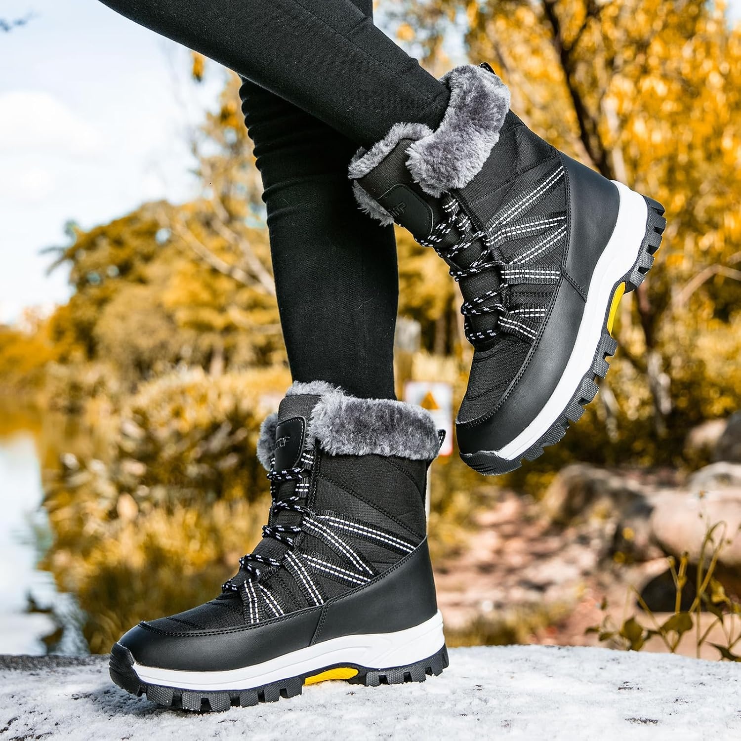 image:imageWomens Snow Boots Warm Fur Lined Winter Boots Mid Calf Waterproof Anti SlipBlack