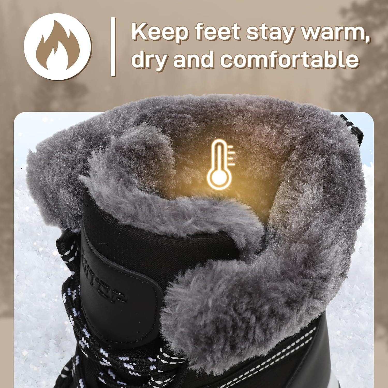 image:imageWomens Snow Boots Warm Fur Lined Winter Boots Mid Calf Waterproof Anti SlipBlack