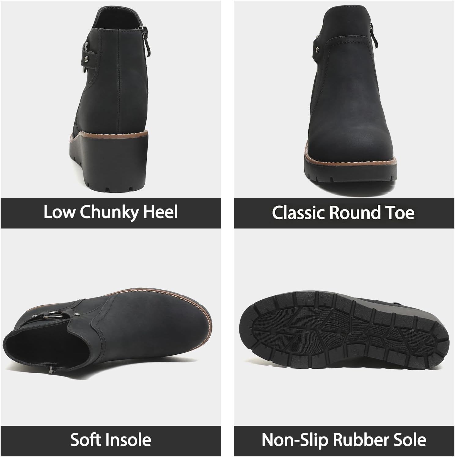 image:imageWomens Wedge Ankle Boots Chunky Low Heel Fall Short Booties Side ZipperBlack