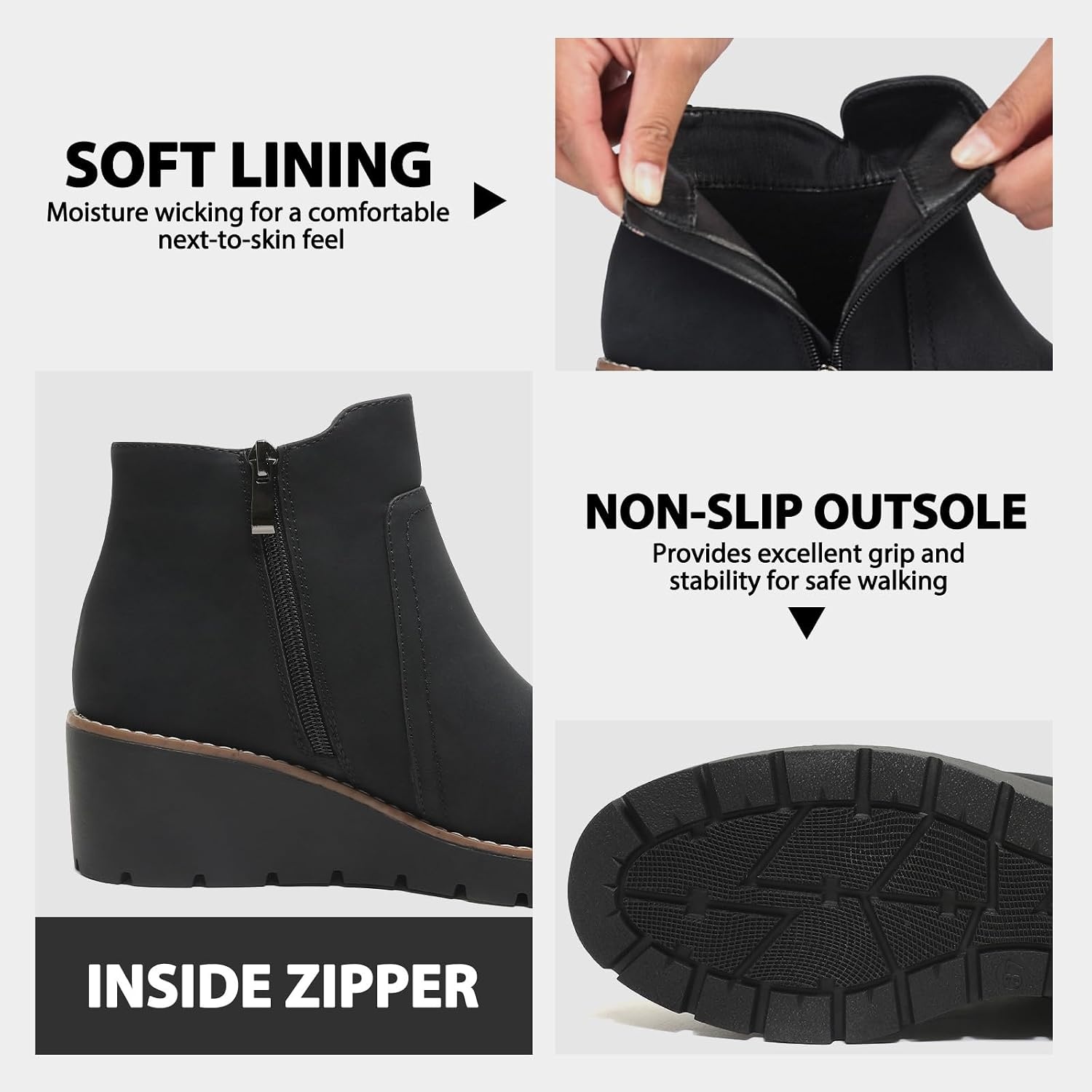 image:imageWomens Wedge Ankle Boots Chunky Low Heel Fall Short Booties Side ZipperBlack