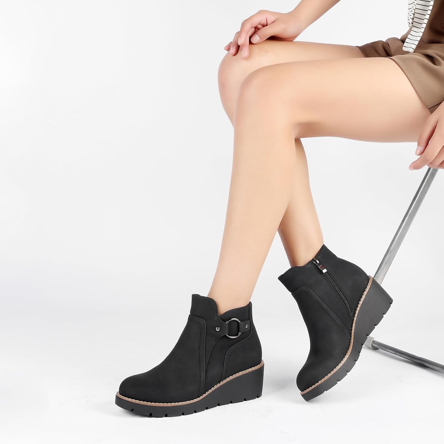 image:imageWomens Wedge Ankle Boots Chunky Low Heel Fall Short Booties Side ZipperBlack