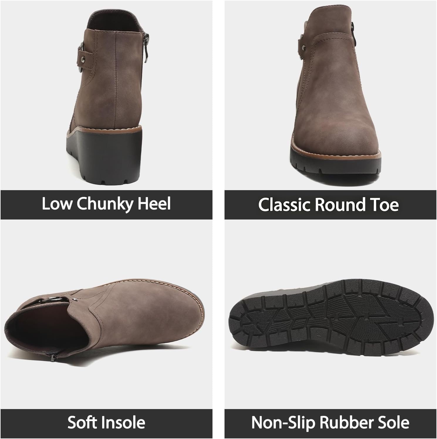 image:imageWomens Wedge Ankle Boots Chunky Low Heel Fall Short Booties Side ZipperBrown