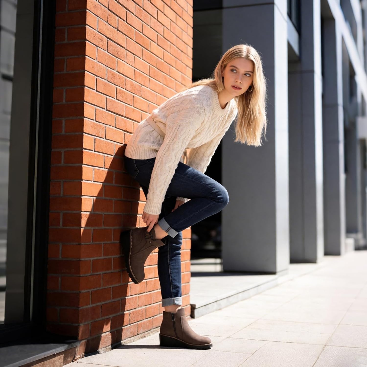 image:imageWomens Wedge Ankle Boots Chunky Low Heel Fall Short Booties Side ZipperBrown
