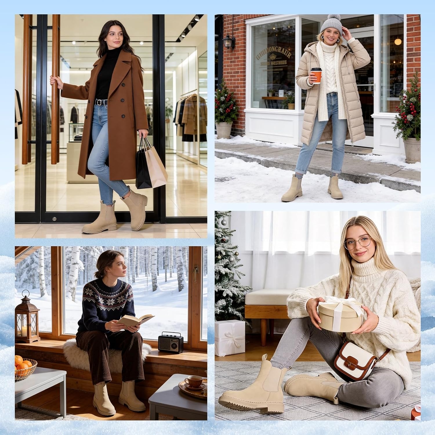 image:imageWomens Winter Chelsea Boots Warm Faux Fur Lined Chunky Lug Ankle BootiesApricot