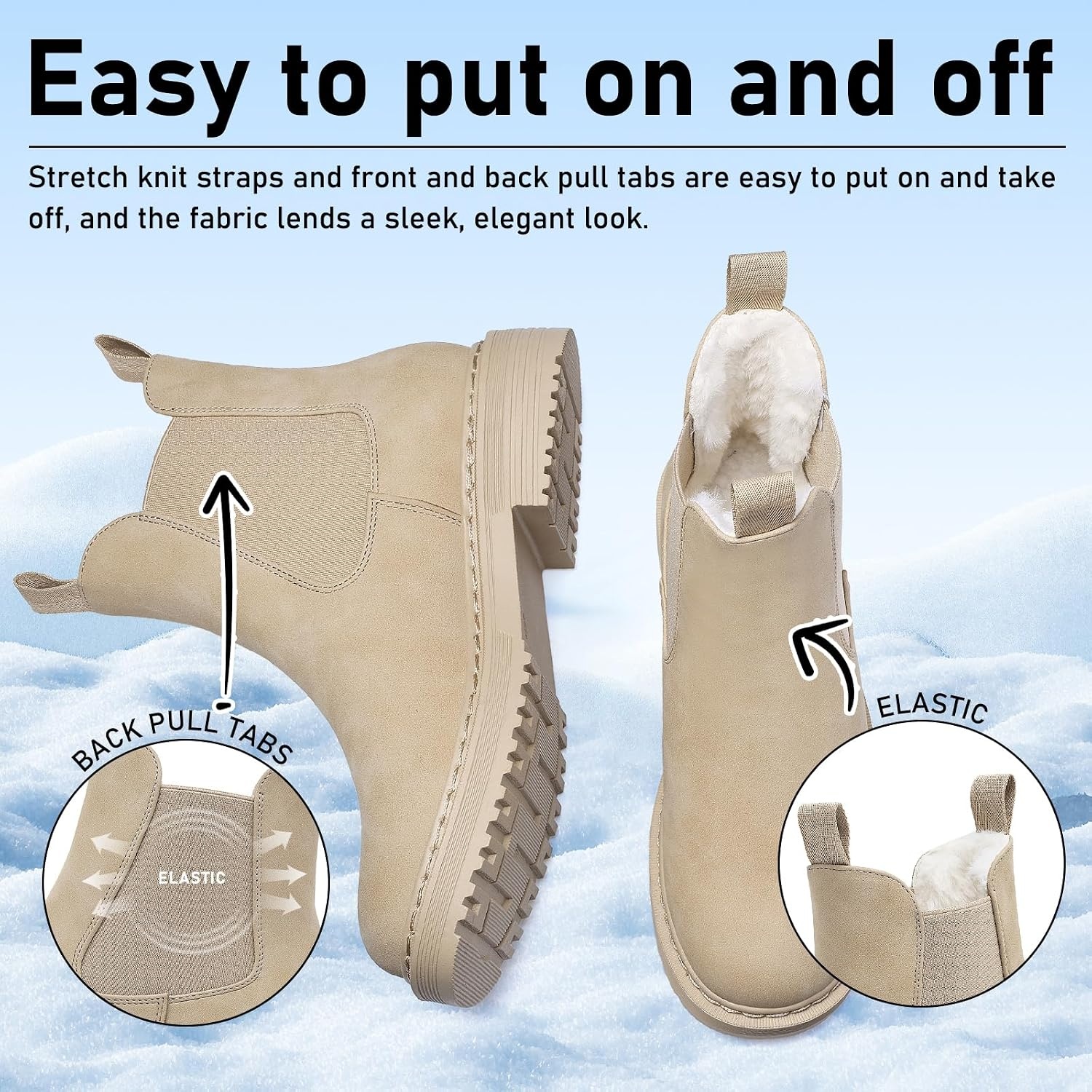 image:imageWomens Winter Chelsea Boots Warm Faux Fur Lined Chunky Lug Ankle BootiesApricot