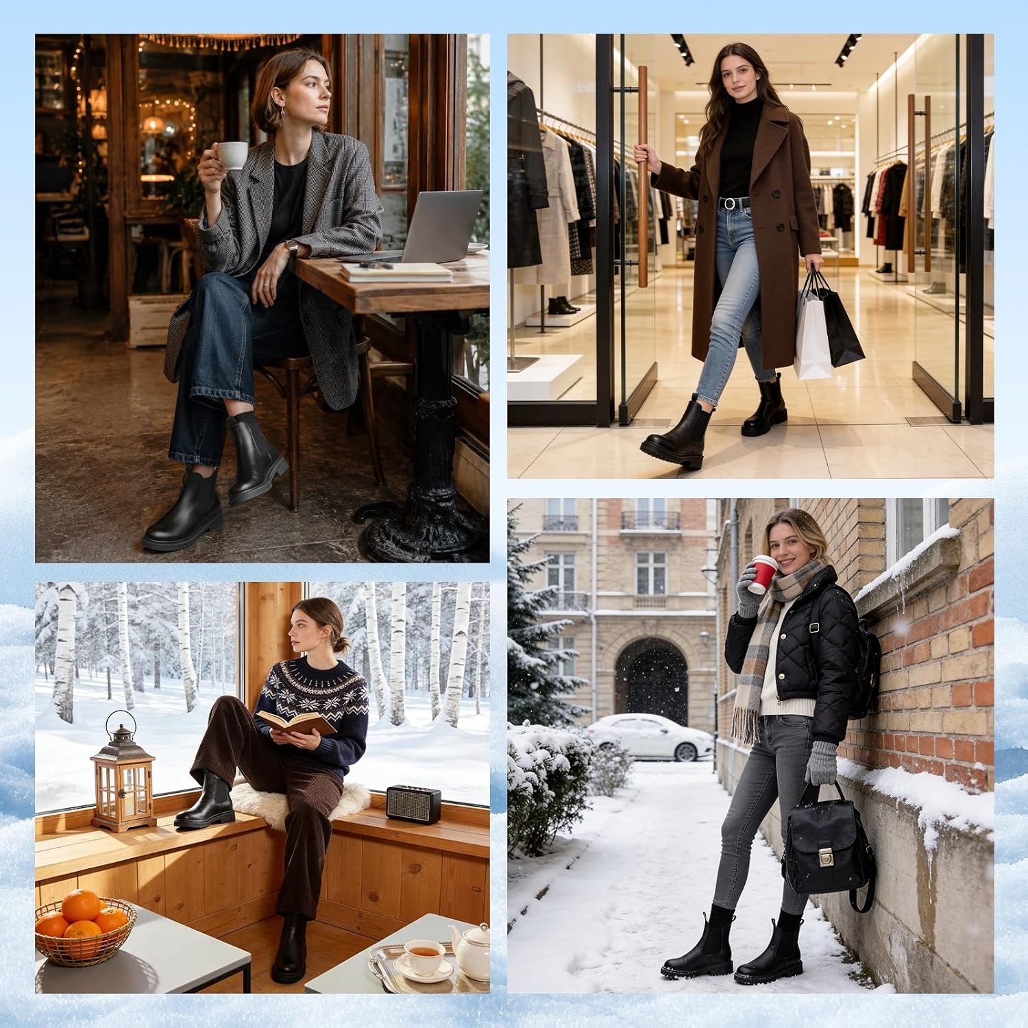 image:imageWomens Winter Chelsea Boots Warm Faux Fur Lined Chunky Lug Ankle BootiesBlack