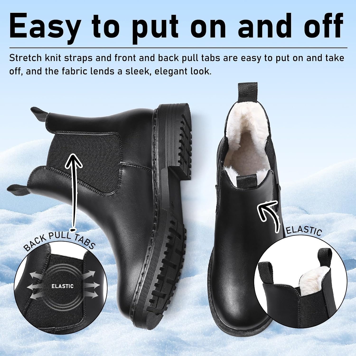 image:imageWomens Winter Chelsea Boots Warm Faux Fur Lined Chunky Lug Ankle BootiesBlack
