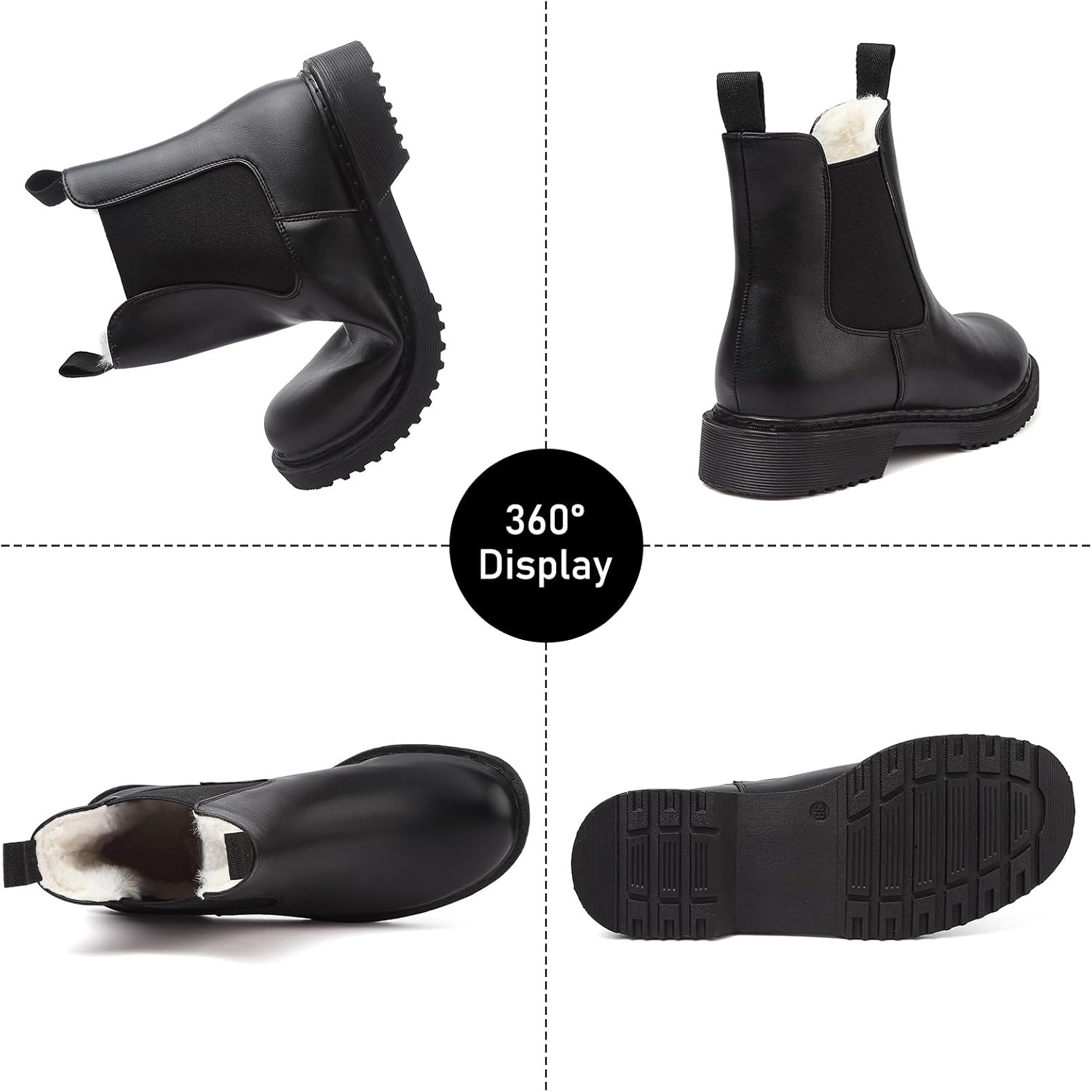 image:imageWomens Winter Chelsea Boots Warm Faux Fur Lined Chunky Lug Ankle BootiesBlackWhite