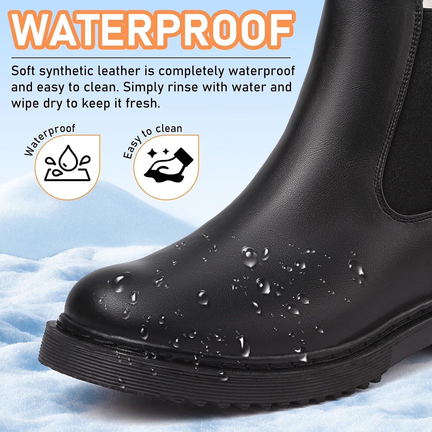 image:imageWomens Winter Chelsea Boots Warm Faux Fur Lined Chunky Lug Ankle BootiesBlackWhite