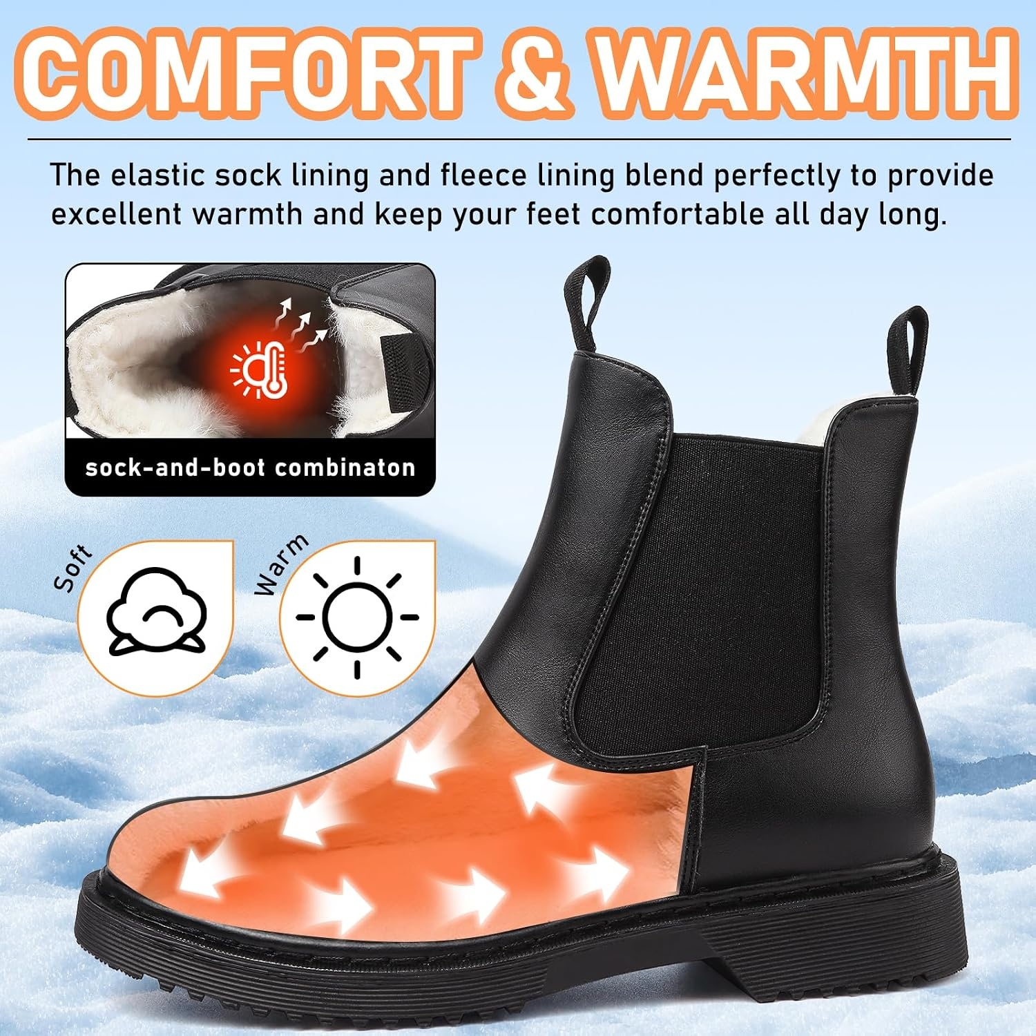 image:imageWomens Winter Chelsea Boots Warm Faux Fur Lined Chunky Lug Ankle BootiesBlackWhite