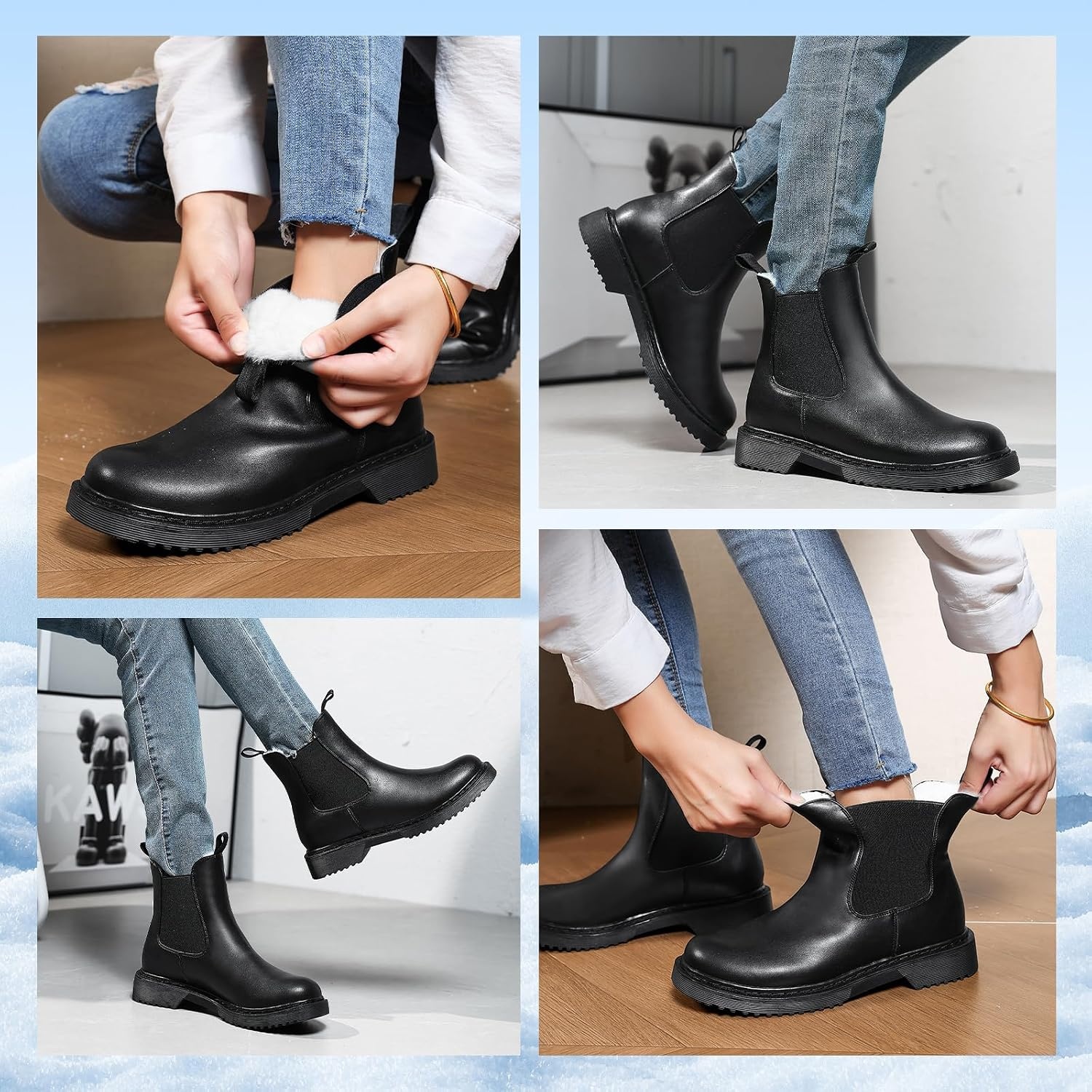 image:imageWomens Winter Chelsea Boots Warm Faux Fur Lined Chunky Lug Ankle BootiesBlackWhite