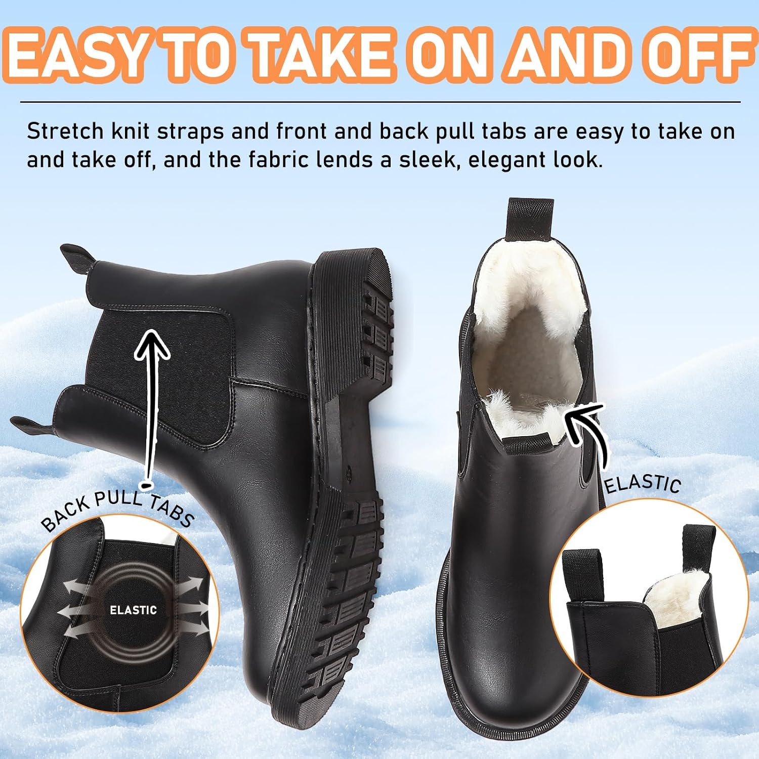 image:imageWomens Winter Chelsea Boots Warm Faux Fur Lined Chunky Lug Ankle BootiesBlackWhite