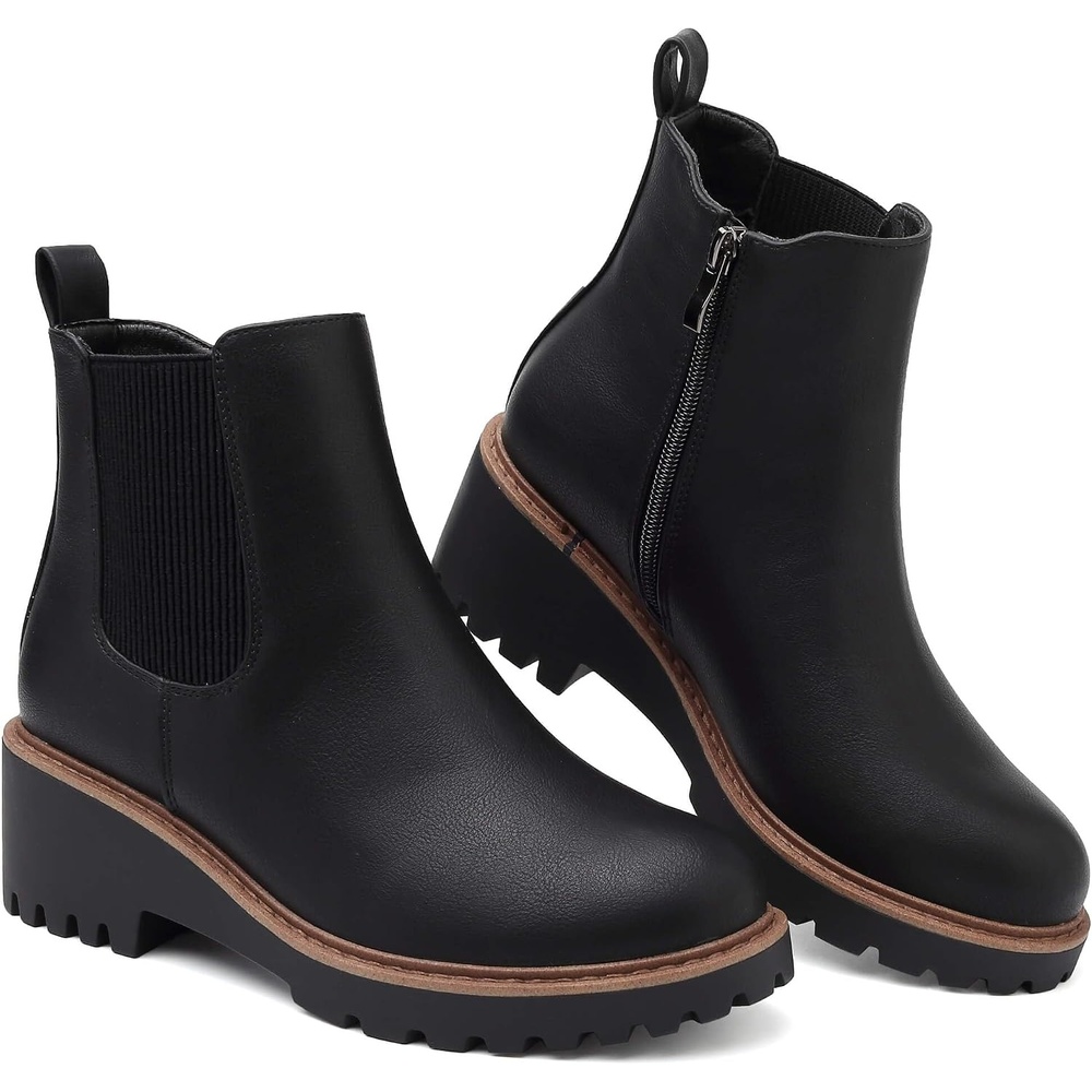 image:imageWomens Chelsea Wedge Boots Side Zip Lug Sole Round Toe Fall Ankle BootsBlack