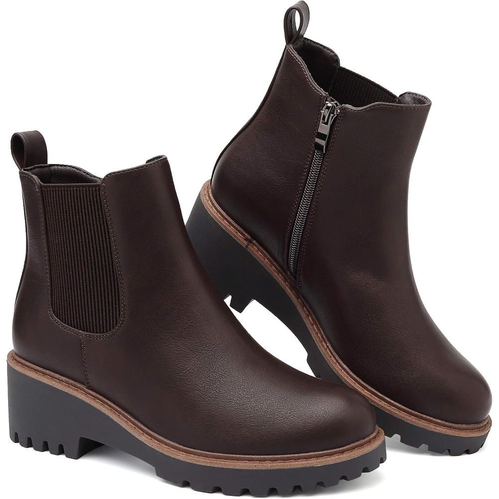 image:imageWomens Chelsea Wedge Boots Side Zip Lug Sole Round Toe Fall Ankle BootsBrown