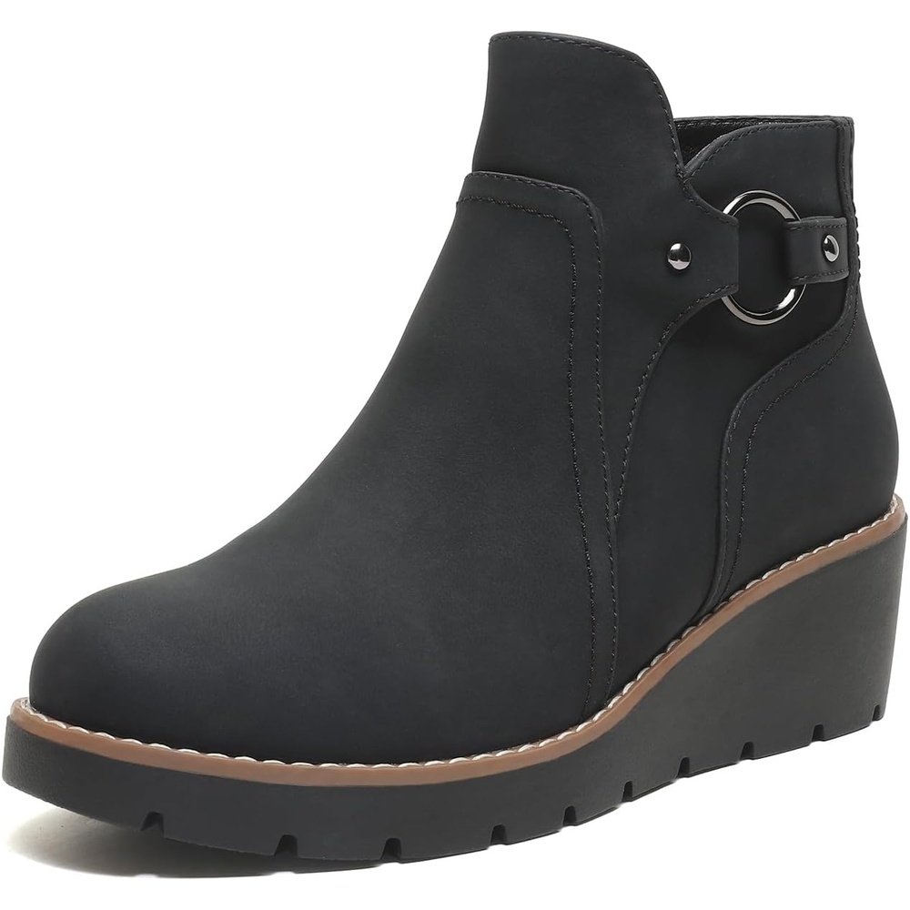 image:imageWomens Wedge Ankle Boots Chunky Low Heel Fall Short Booties Side ZipperBlack