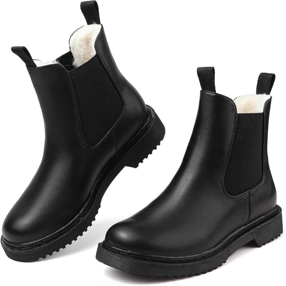 image:imageWomens Winter Chelsea Boots Warm Faux Fur Lined Chunky Lug Ankle BootiesBlackWhite
