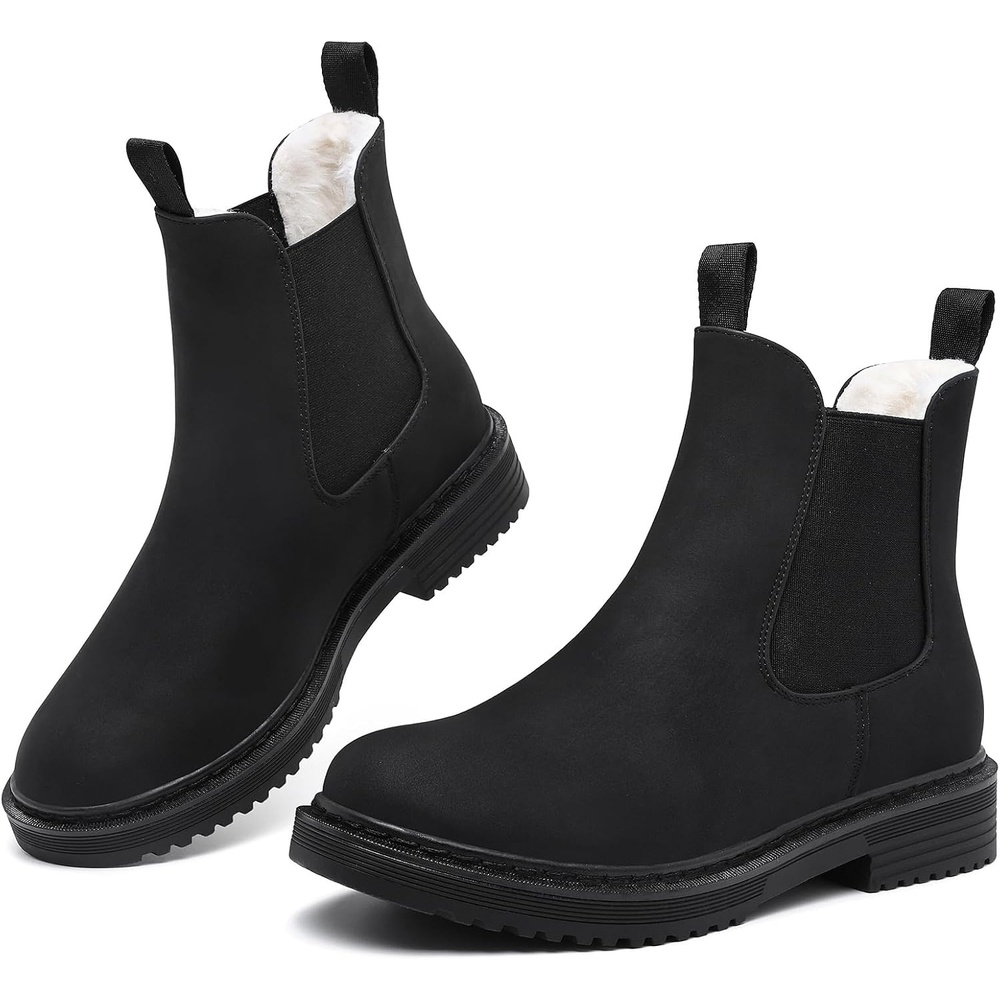 image:imageWomens Winter Chelsea Boots Warm Faux Fur Lined Chunky Lug Ankle BootiesMatte Black