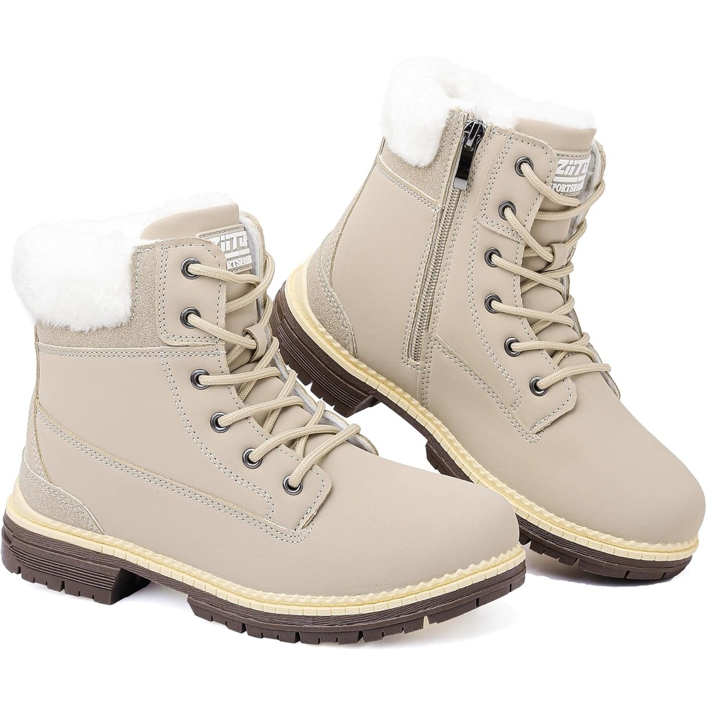 image:imageziitop Womens Winter Boots Waterproof Snow Boots Fur Lined Lace Up Side ZipBeige