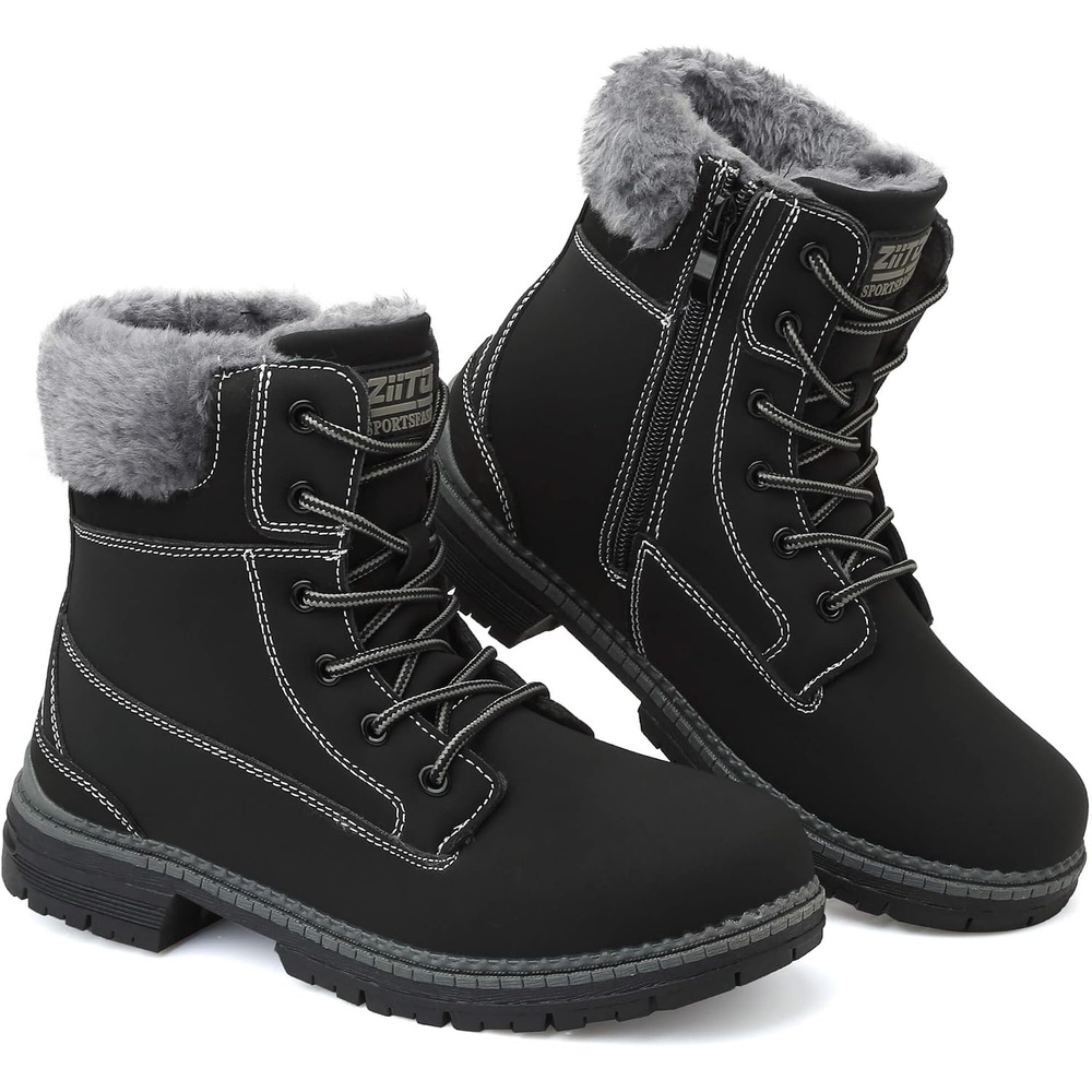 image:imageziitop Womens Winter Boots Waterproof Snow Boots Fur Lined Lace Up Side ZipBlack