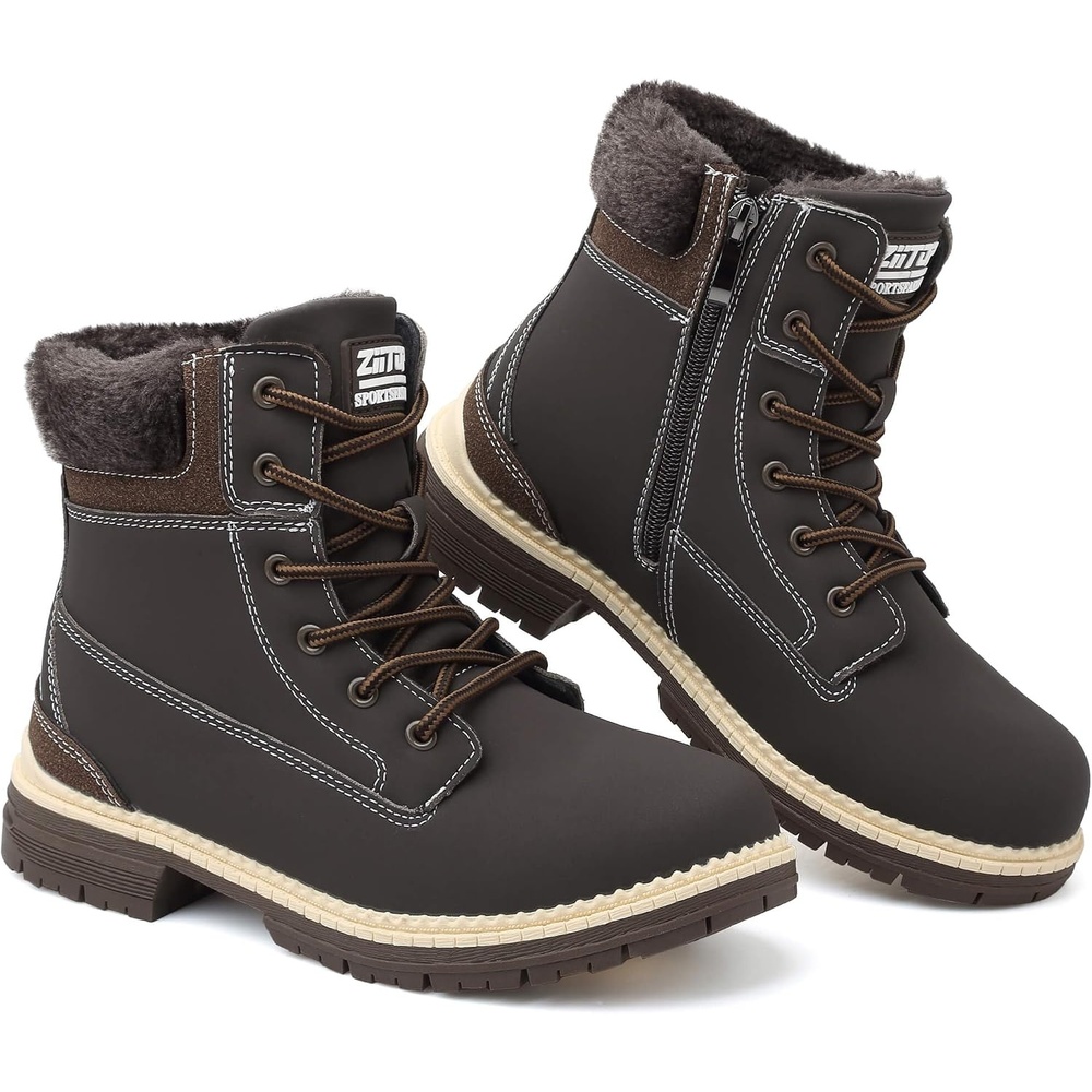 image:imageziitop Womens Winter Boots Waterproof Snow Boots Fur Lined Lace Up Side ZipBrown