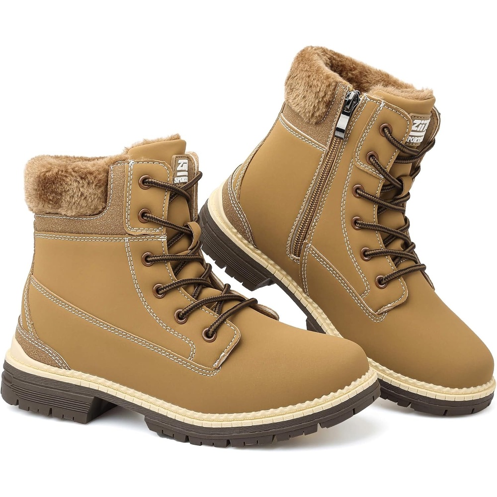 image:imageziitop Womens Winter Boots Waterproof Snow Boots Fur Lined Lace Up Side ZipCamel