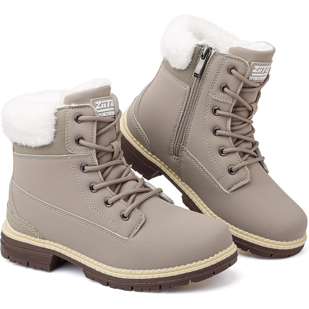 image:imageziitop Womens Winter Boots Waterproof Snow Boots Fur Lined Lace Up Side ZipGrey