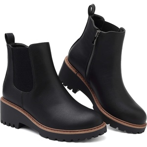 Women’s Chelsea Wedge Boots Side Zip Lug Sole Round Toe Fall Ankle Boots(Black)