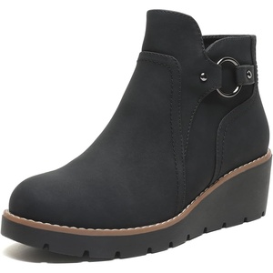 Womens Wedge Ankle Boots Chunky Low Heel Fall Short Booties Side Zipper(Black)
