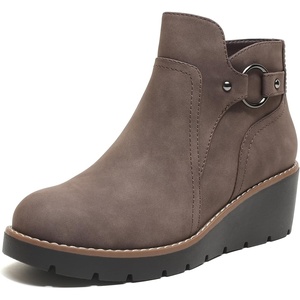 Womens Wedge Ankle Boots Chunky Low Heel Fall Short Booties Side Zipper(Brown)